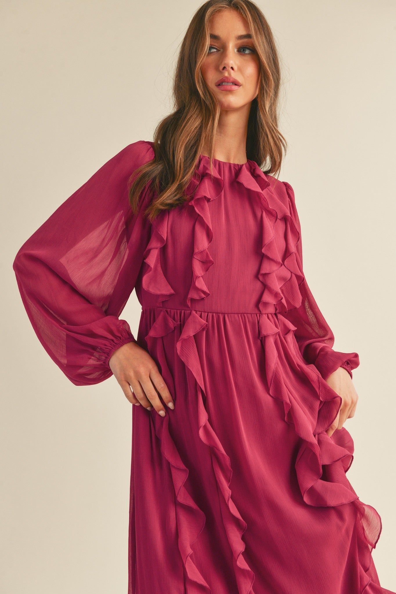 Magenta Berry Ruffle Trim Puff Sleeve Midi Dress sold by Pinkblush product image thumbnail 4
