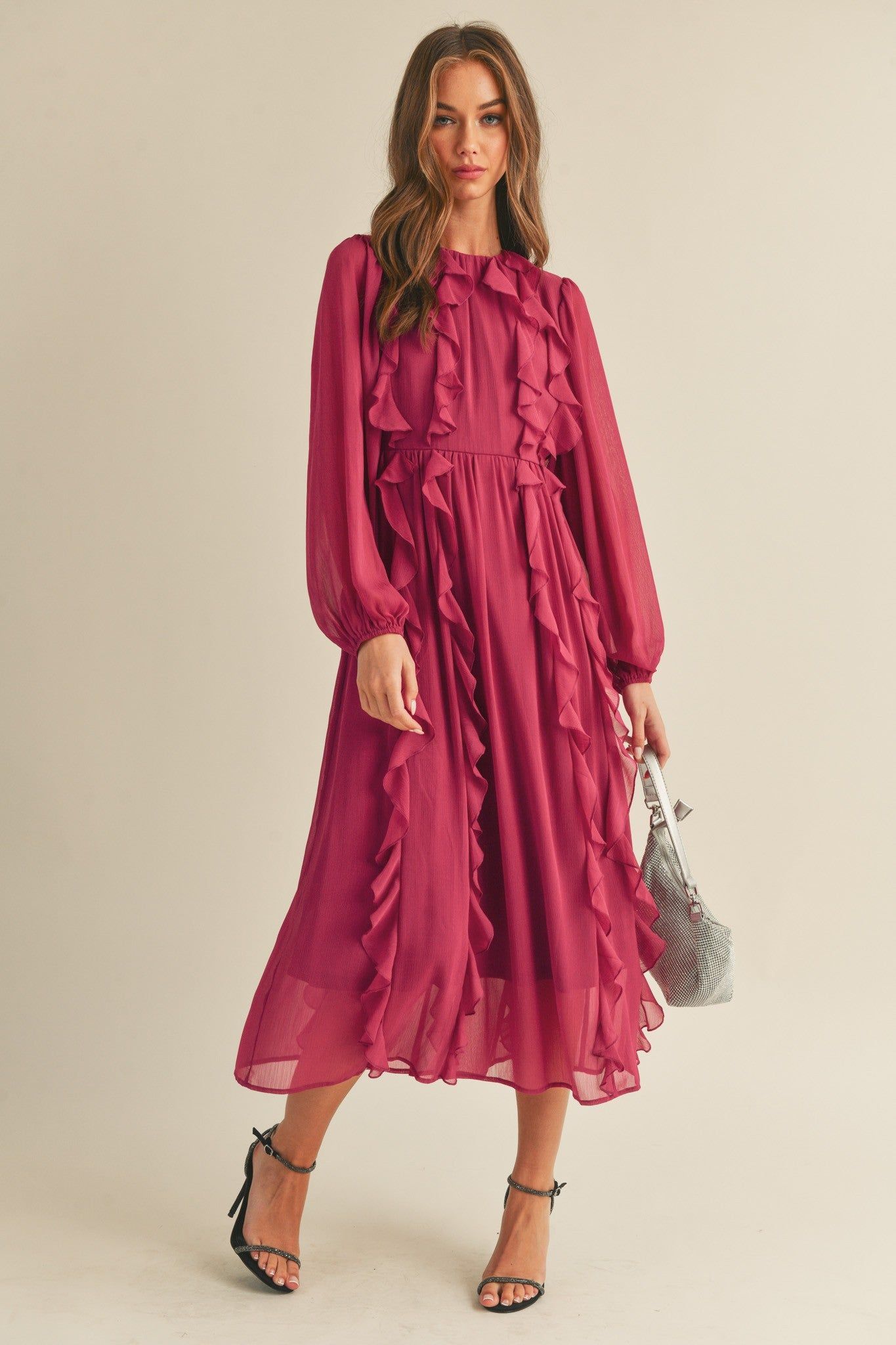 Magenta Berry Ruffle Trim Puff Sleeve Midi Dress sold by Pinkblush