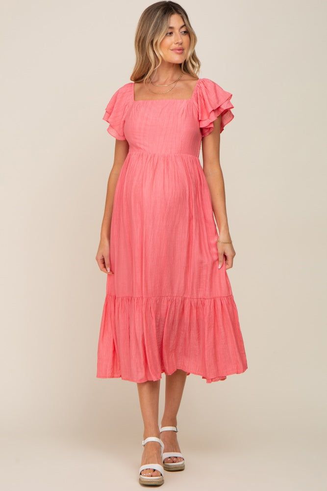 Coral Flutter Sleeve Maternity Midi Dress sold by Pinkblush product image thumbnail 4