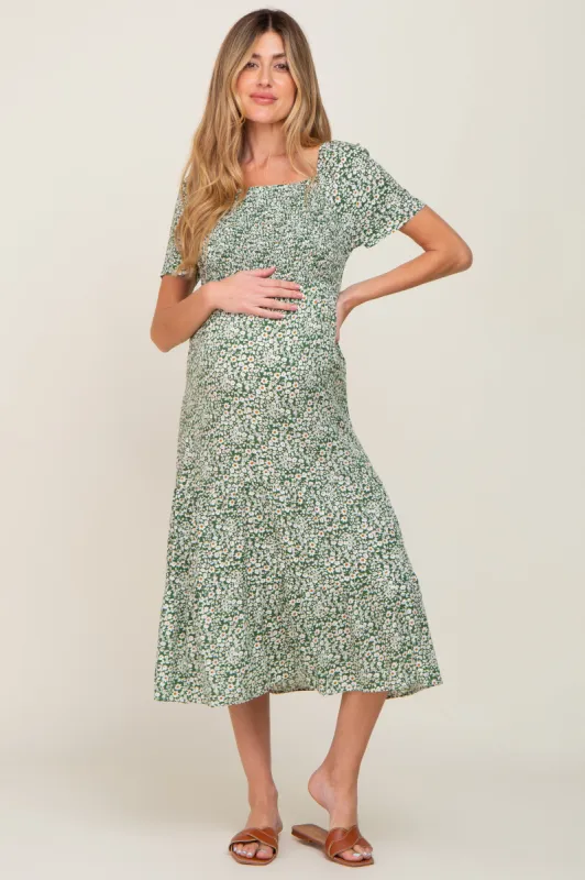 Green Floral Smocked Off Shoulder Maternity Midi Dress sold by Pinkblush