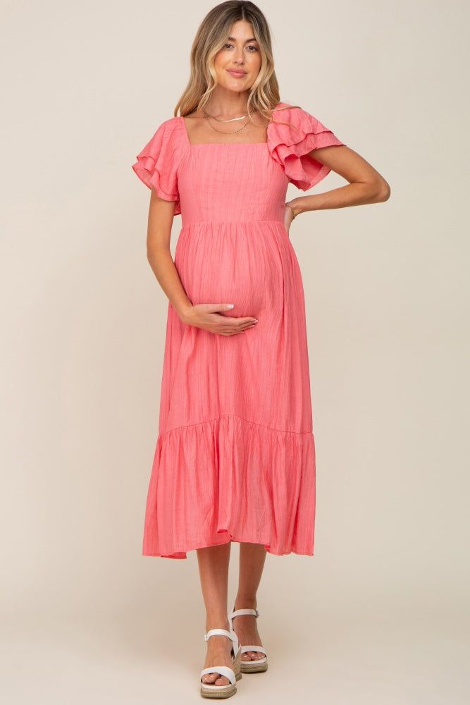 Coral Flutter Sleeve Maternity Midi Dress sold by Pinkblush