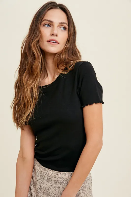 Black Ribbed Fitted Lettuce Trim Top sold by Pinkblush
