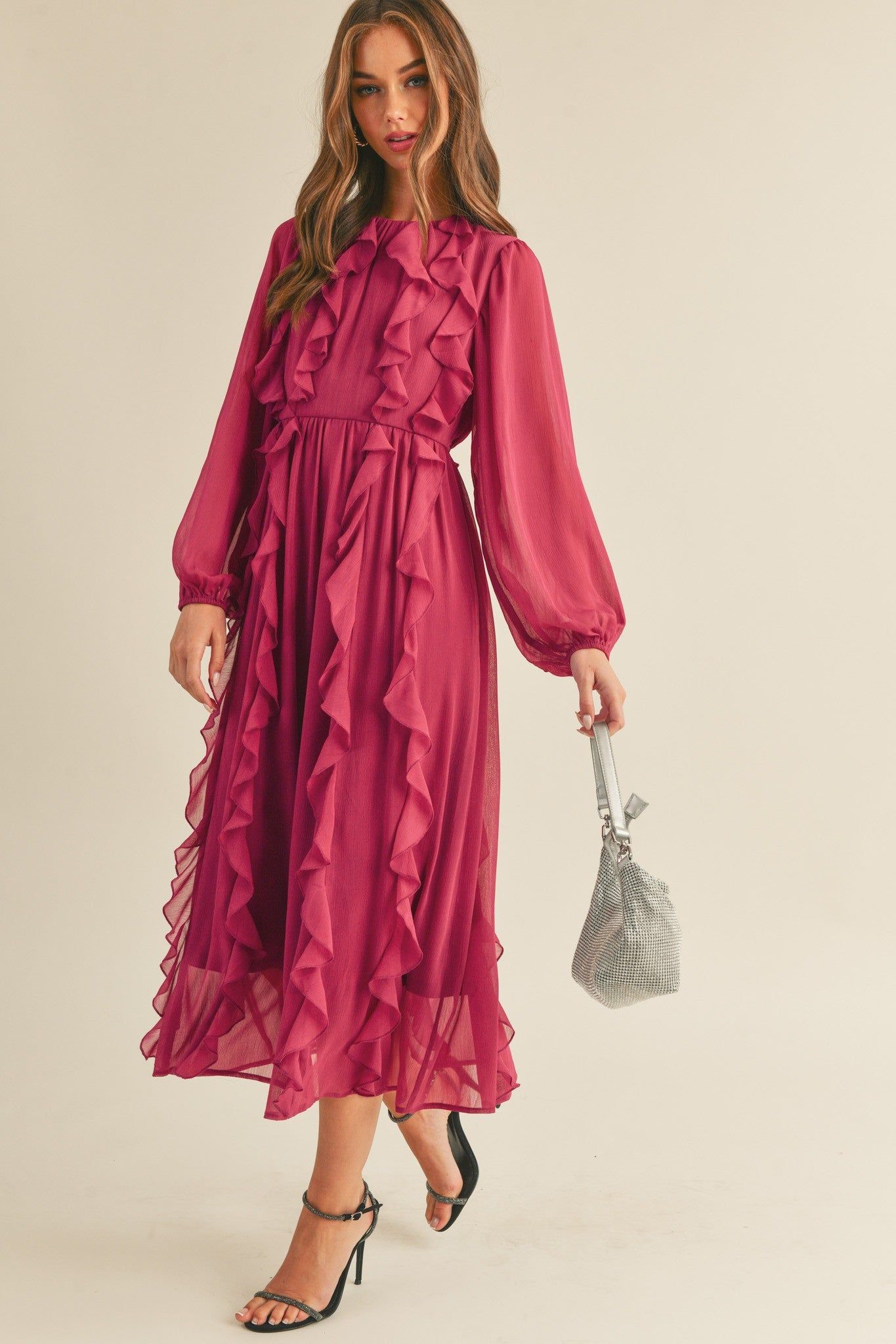 Magenta Berry Ruffle Trim Puff Sleeve Midi Dress sold by Pinkblush product image thumbnail 2
