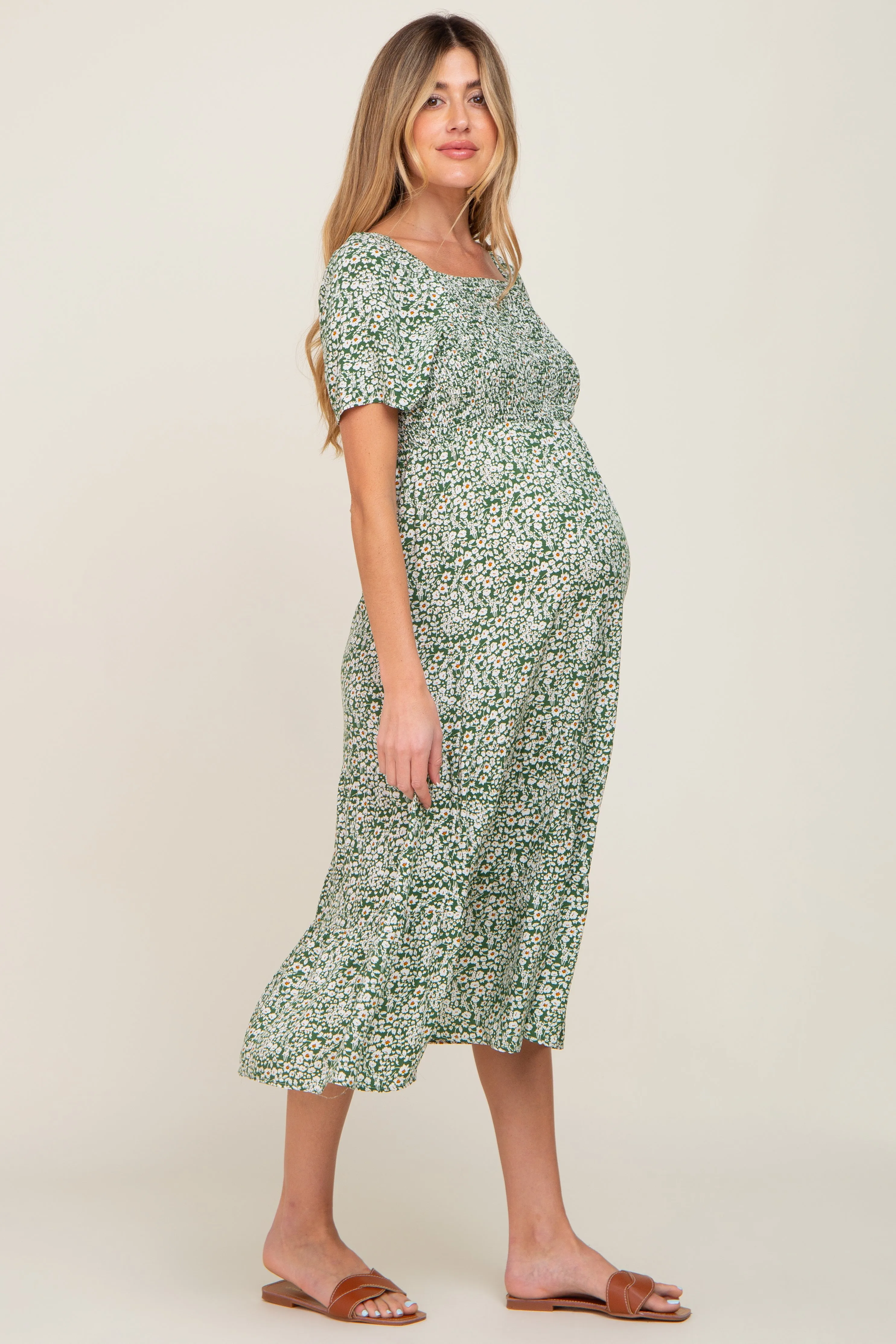 Green Floral Smocked Off Shoulder Maternity Midi Dress sold by Pinkblush product image thumbnail 2
