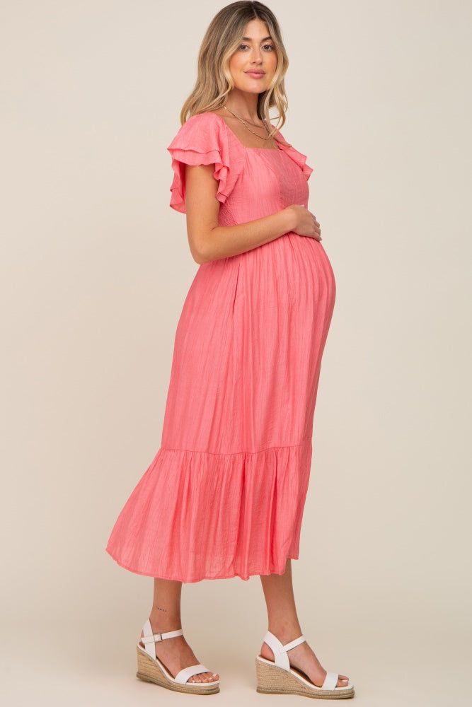 Coral Flutter Sleeve Maternity Midi Dress sold by Pinkblush product image thumbnail 2