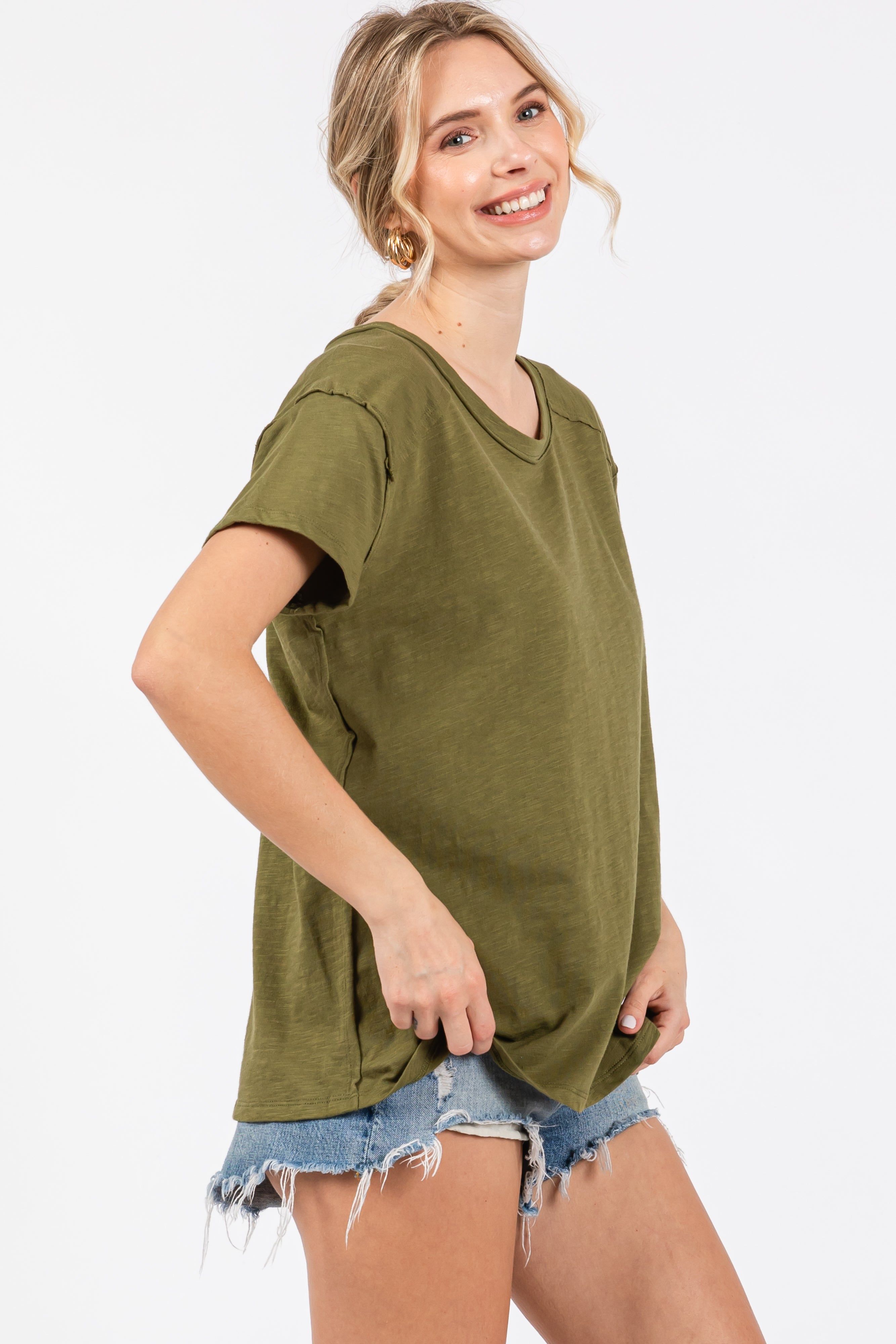 Olive Raw Hem Short Sleeve Top sold by Pinkblush product image thumbnail 2