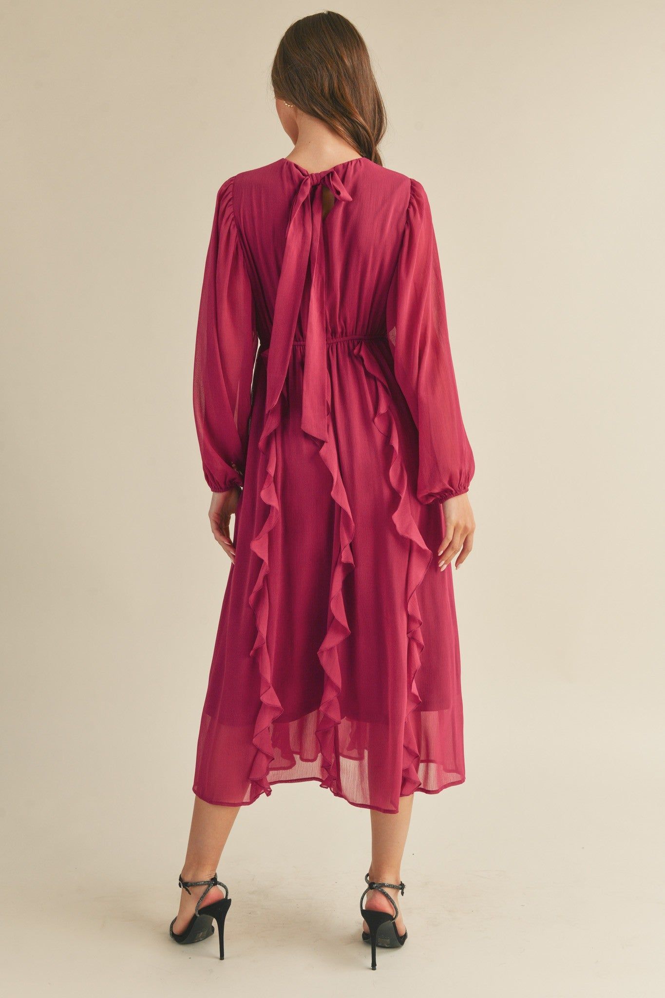 Magenta Berry Ruffle Trim Puff Sleeve Midi Dress sold by Pinkblush product image thumbnail 3