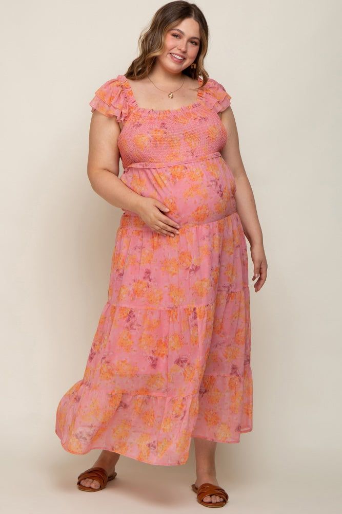 Pink Floral Ruffle Tiered Plus Maternity Maxi Dress sold by Pinkblush