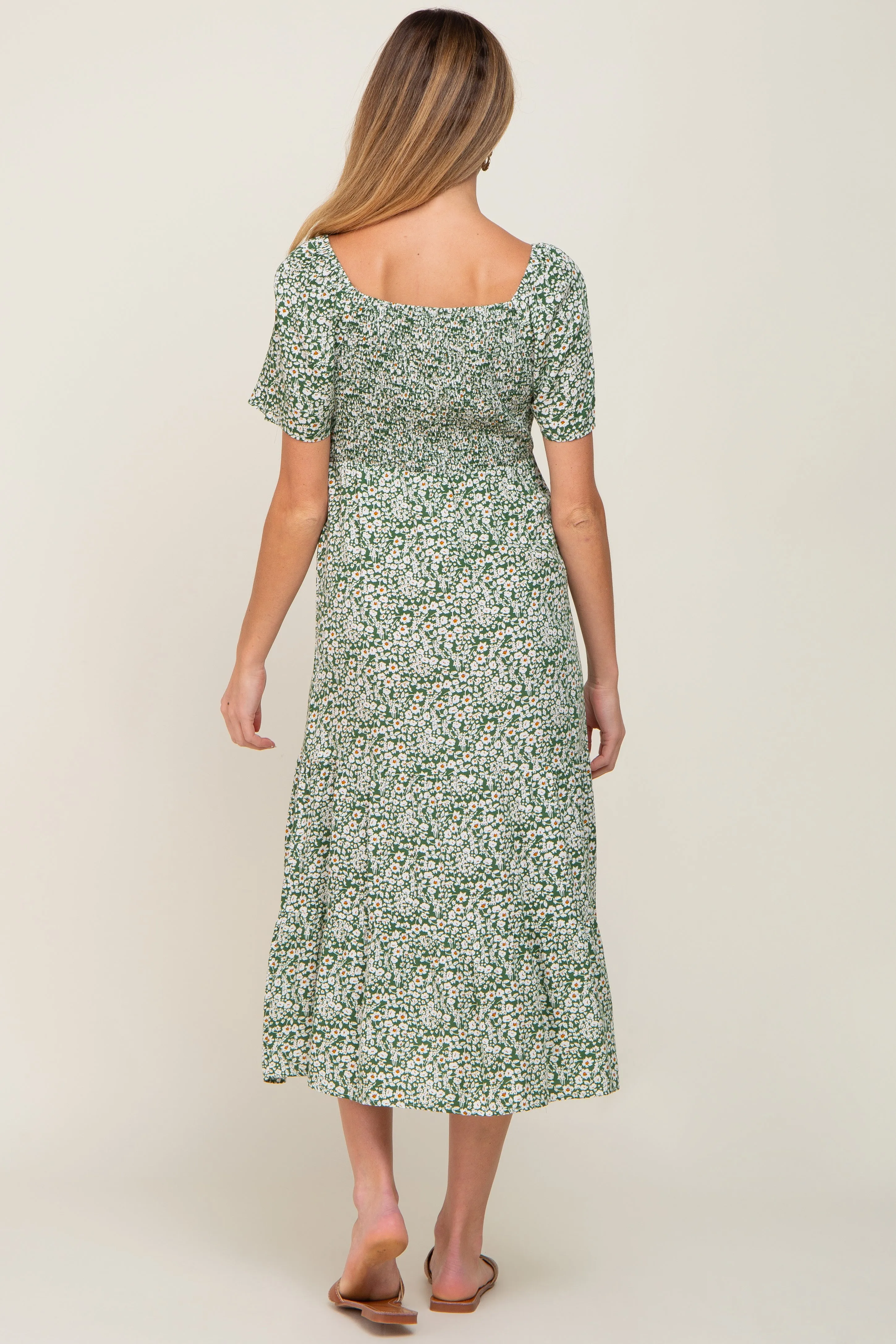 Green Floral Smocked Off Shoulder Maternity Midi Dress sold by Pinkblush product image thumbnail 3