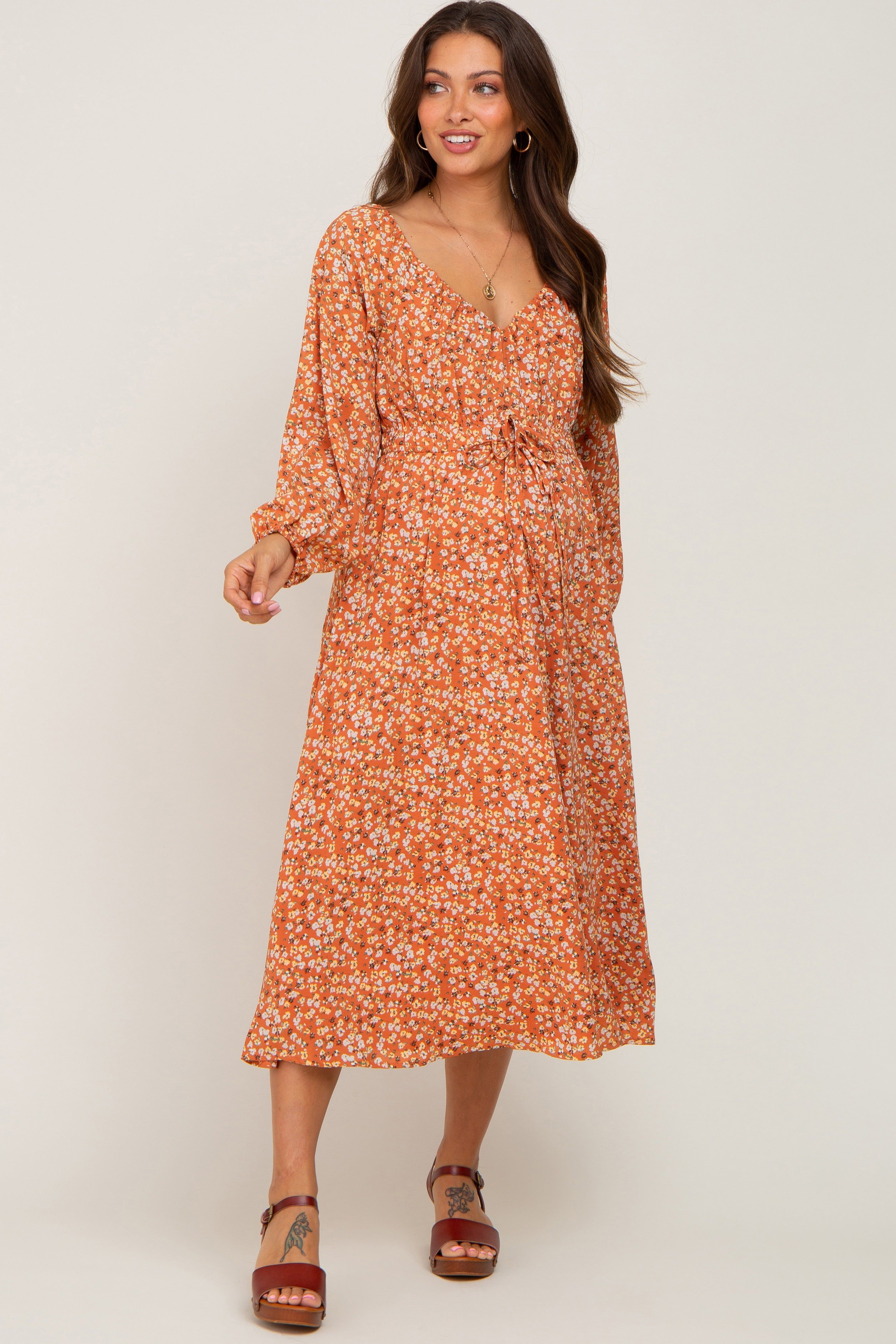 Rust Floral Front Tie Maternity Midi Dress sold by Pinkblush