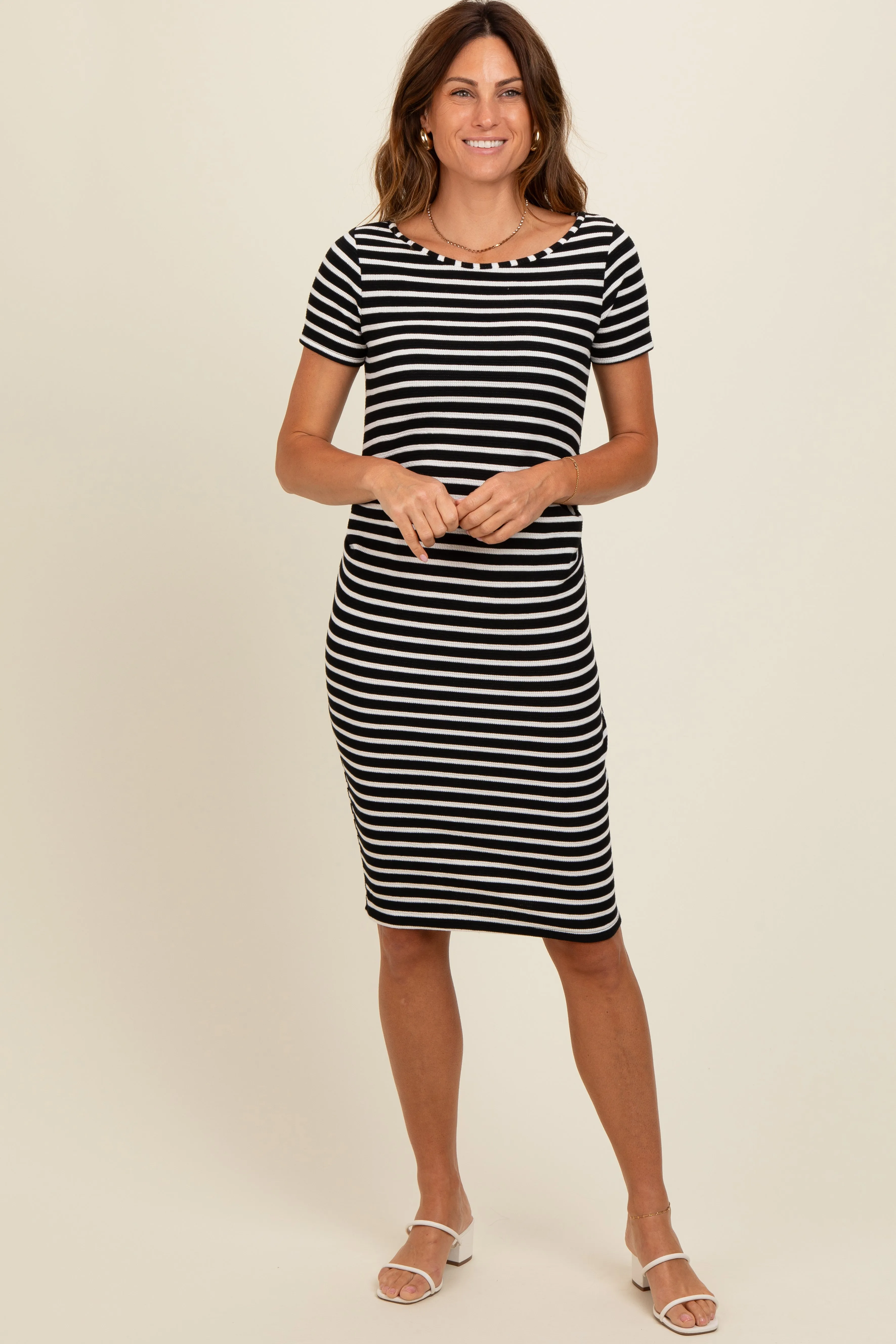 Black Striped Boat Neck Ruched Maternity Dress sold by Pinkblush product image thumbnail 4