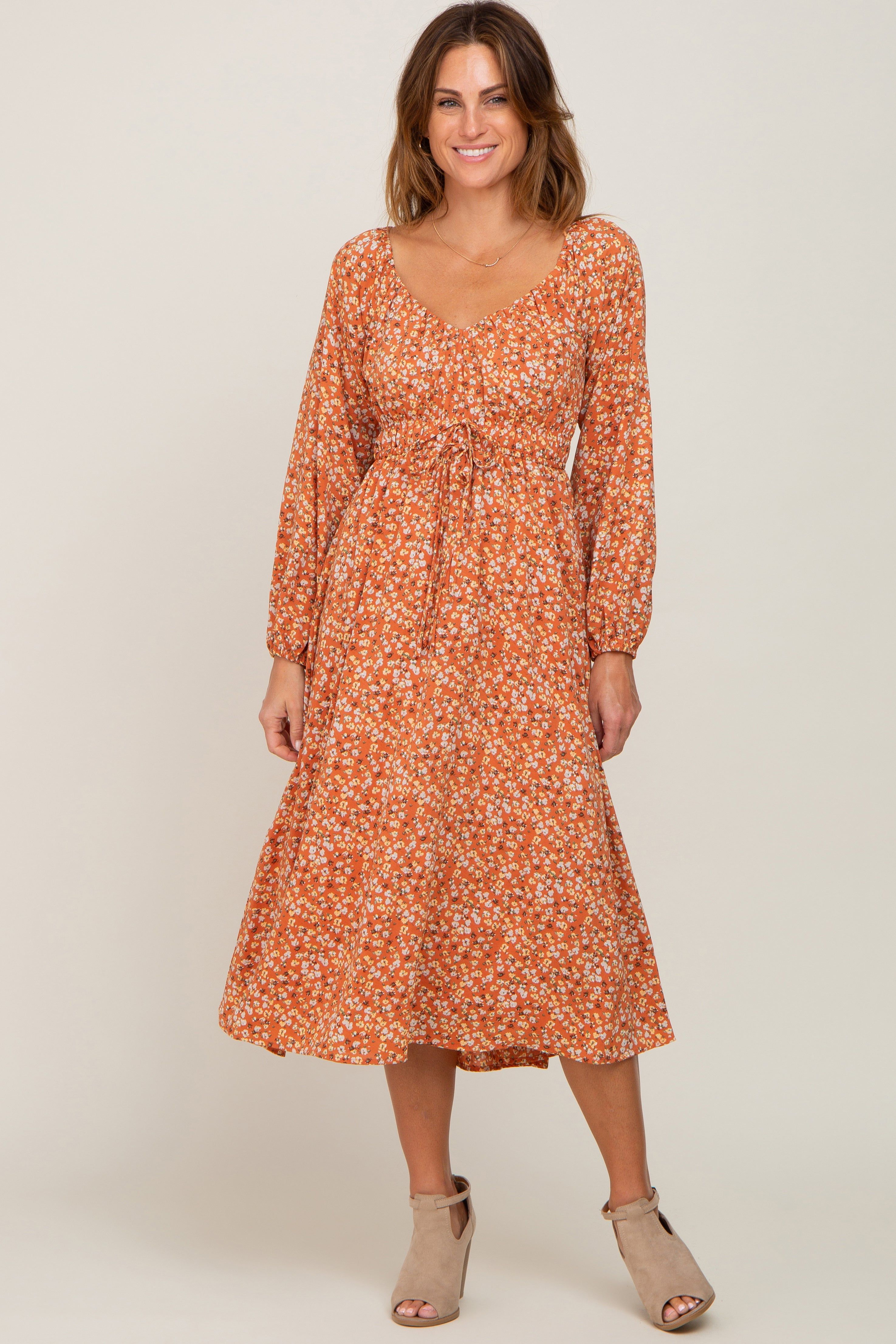 Rust Floral Front Tie Maternity Midi Dress sold by Pinkblush product image thumbnail 5