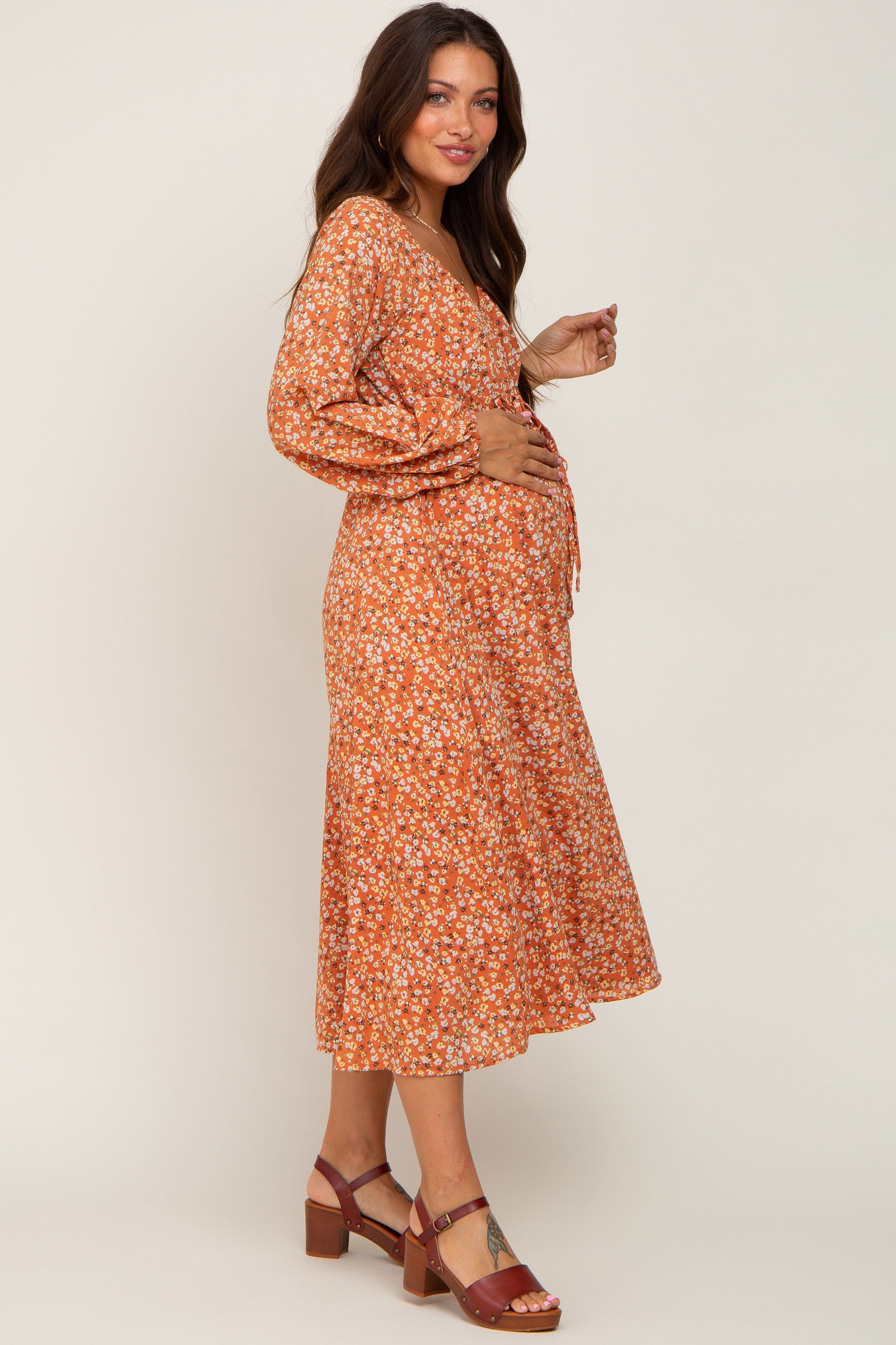 Rust Floral Front Tie Maternity Midi Dress sold by Pinkblush product image thumbnail 2