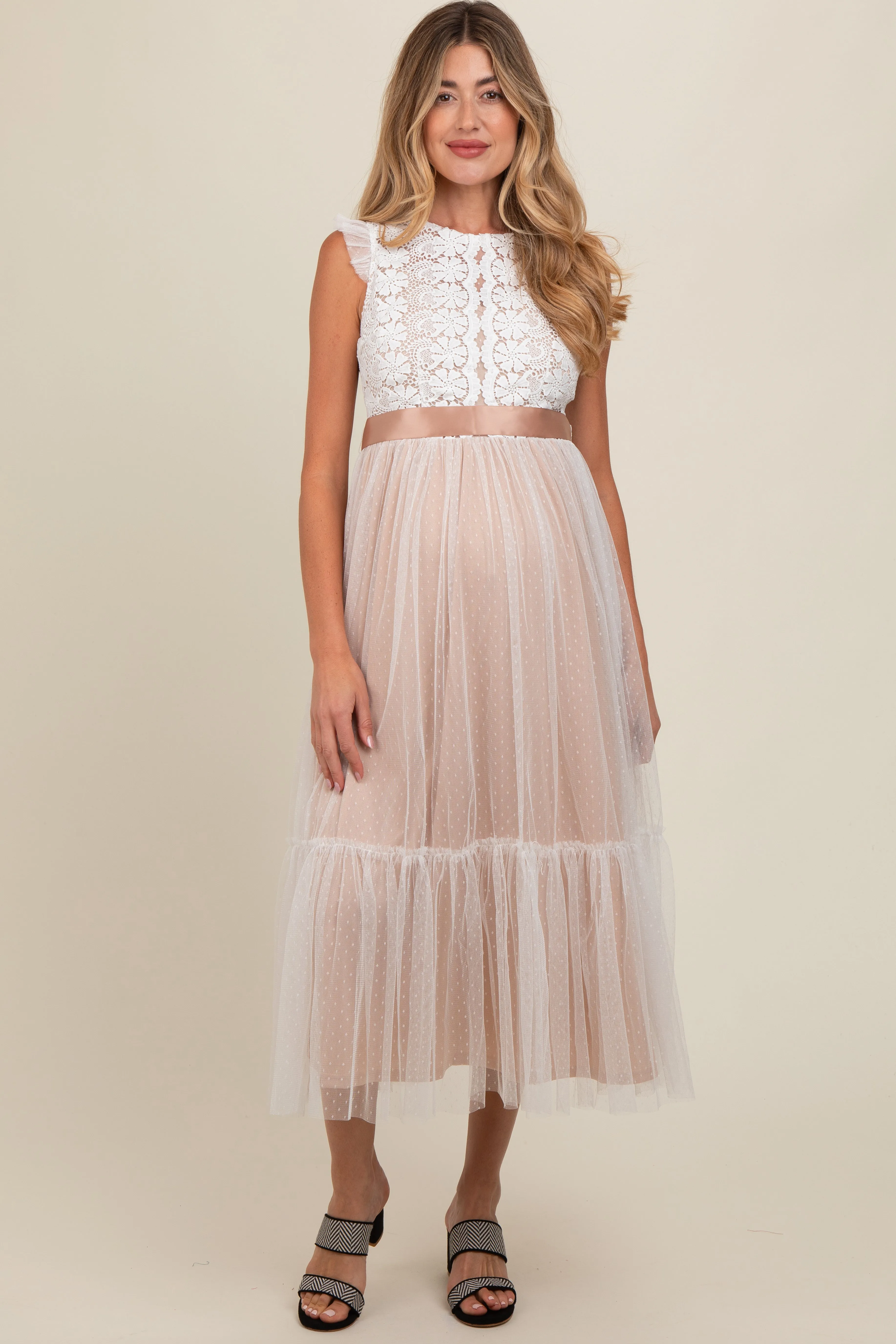 White Lace Contrast Tulle Maternity Maxi Dress sold by Pinkblush
