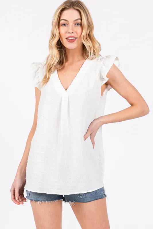 White Swiss Dot Flutter Sleeve V-Neck Top sold by Pinkblush