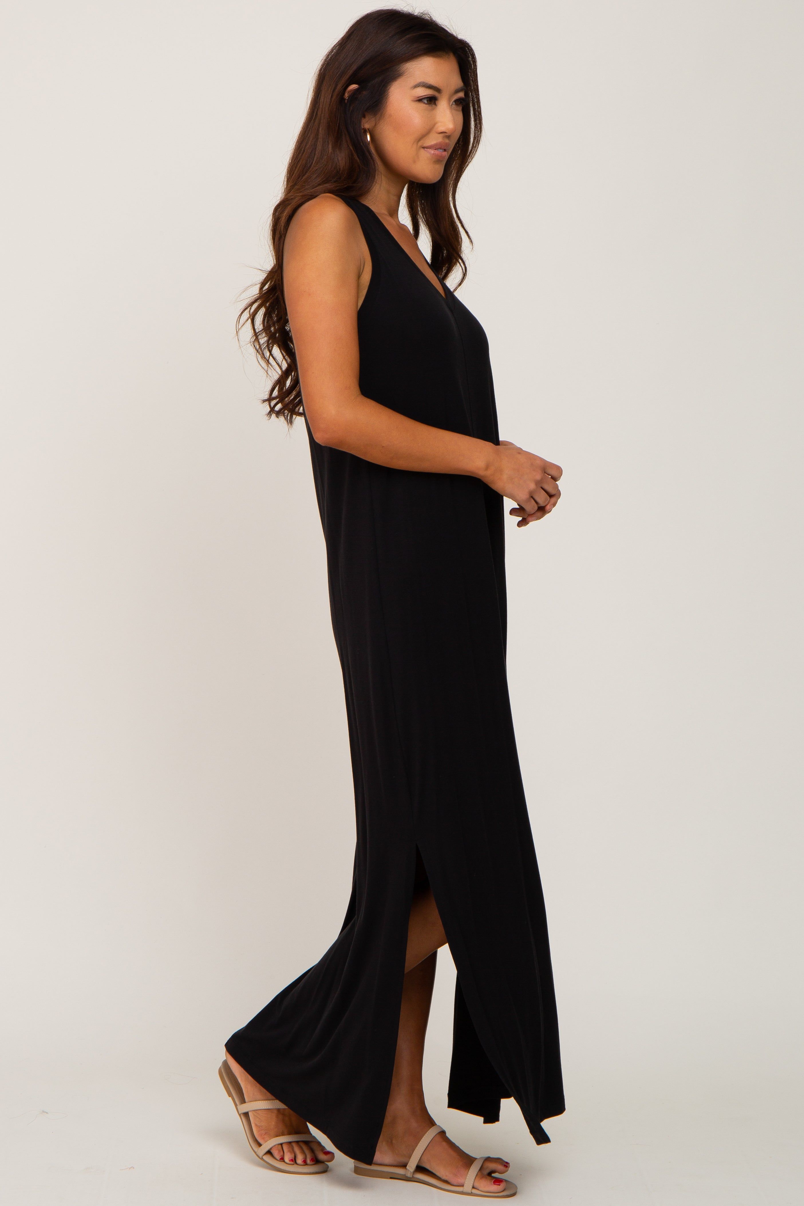 Black V-Neck Side Slit Sleeveless Midi Dress sold by Pinkblush product image thumbnail 2