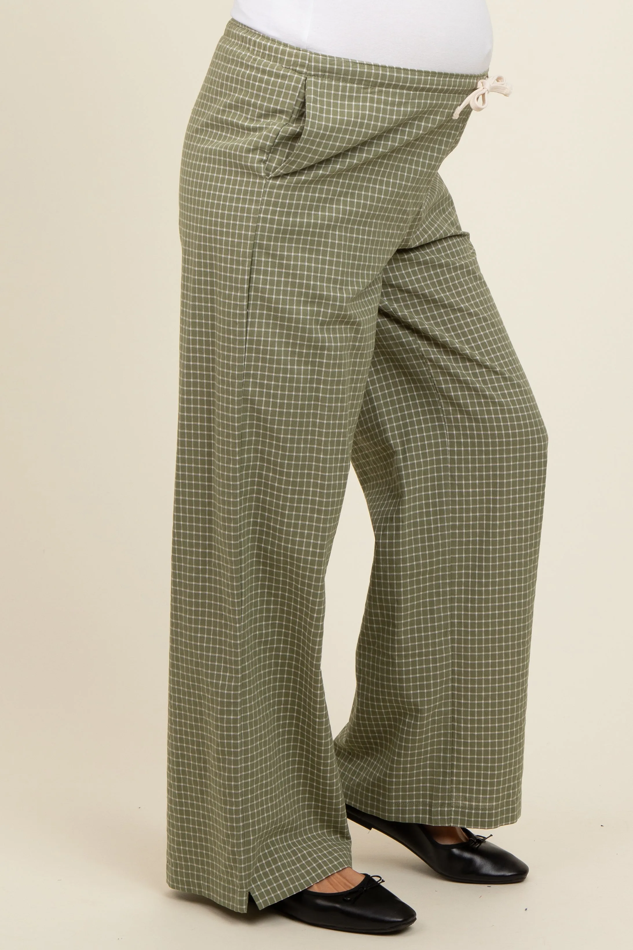 Olive Drawstring Checker Plaid Maternity Pants sold by Pinkblush product image thumbnail 4
