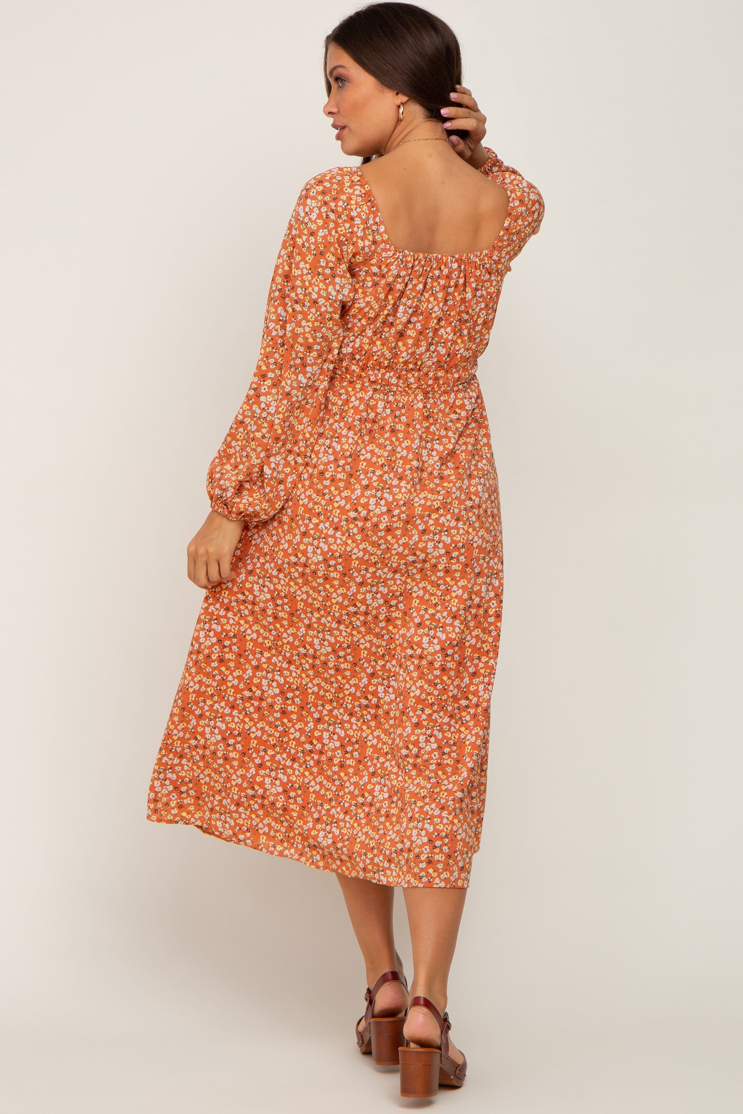 Rust Floral Front Tie Maternity Midi Dress sold by Pinkblush product image thumbnail 3