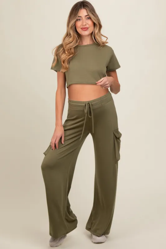 Olive Crop Top Cargo Pant Maternity Set sold by Pinkblush