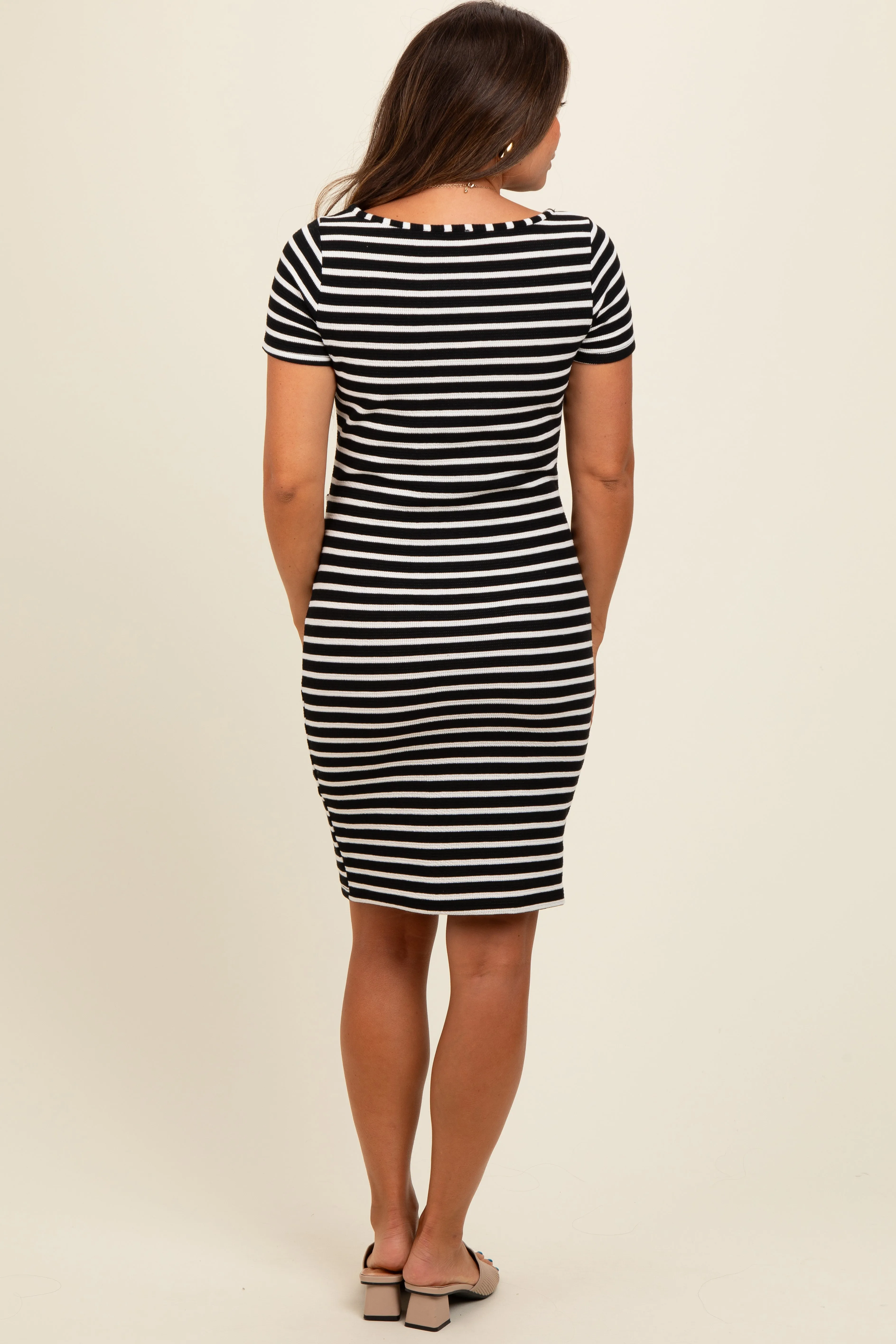 Black Striped Boat Neck Ruched Maternity Dress sold by Pinkblush product image thumbnail 3