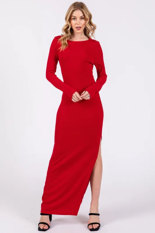 Red Ribbed Long Sleeve Side Slit Maxi Dress sold by Pinkblush