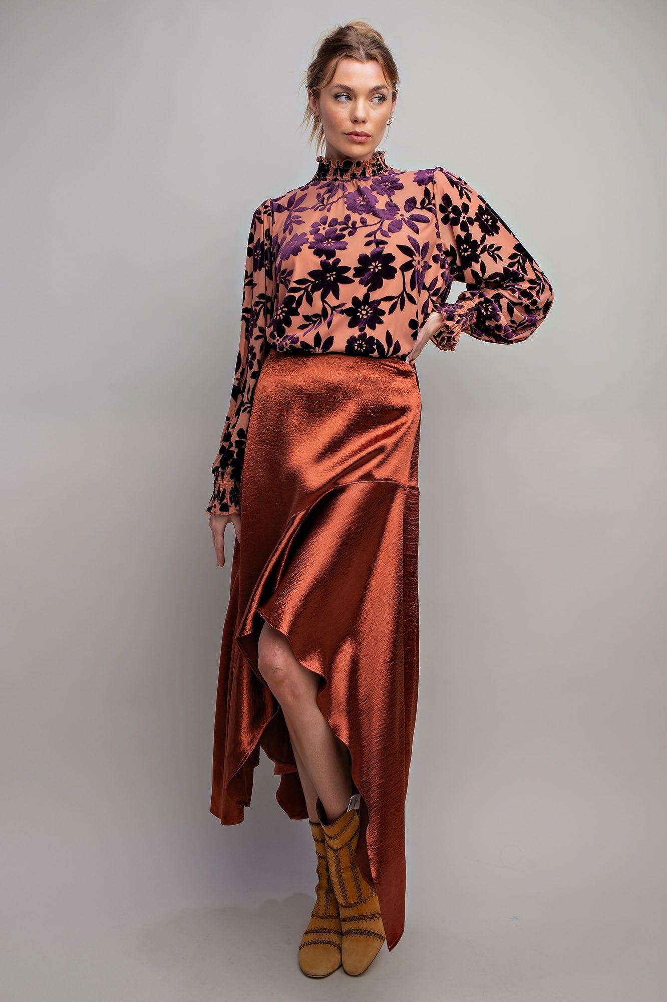 Eggplant Burnout Mock Neck Blouse sold by Pinkblush product image thumbnail 4