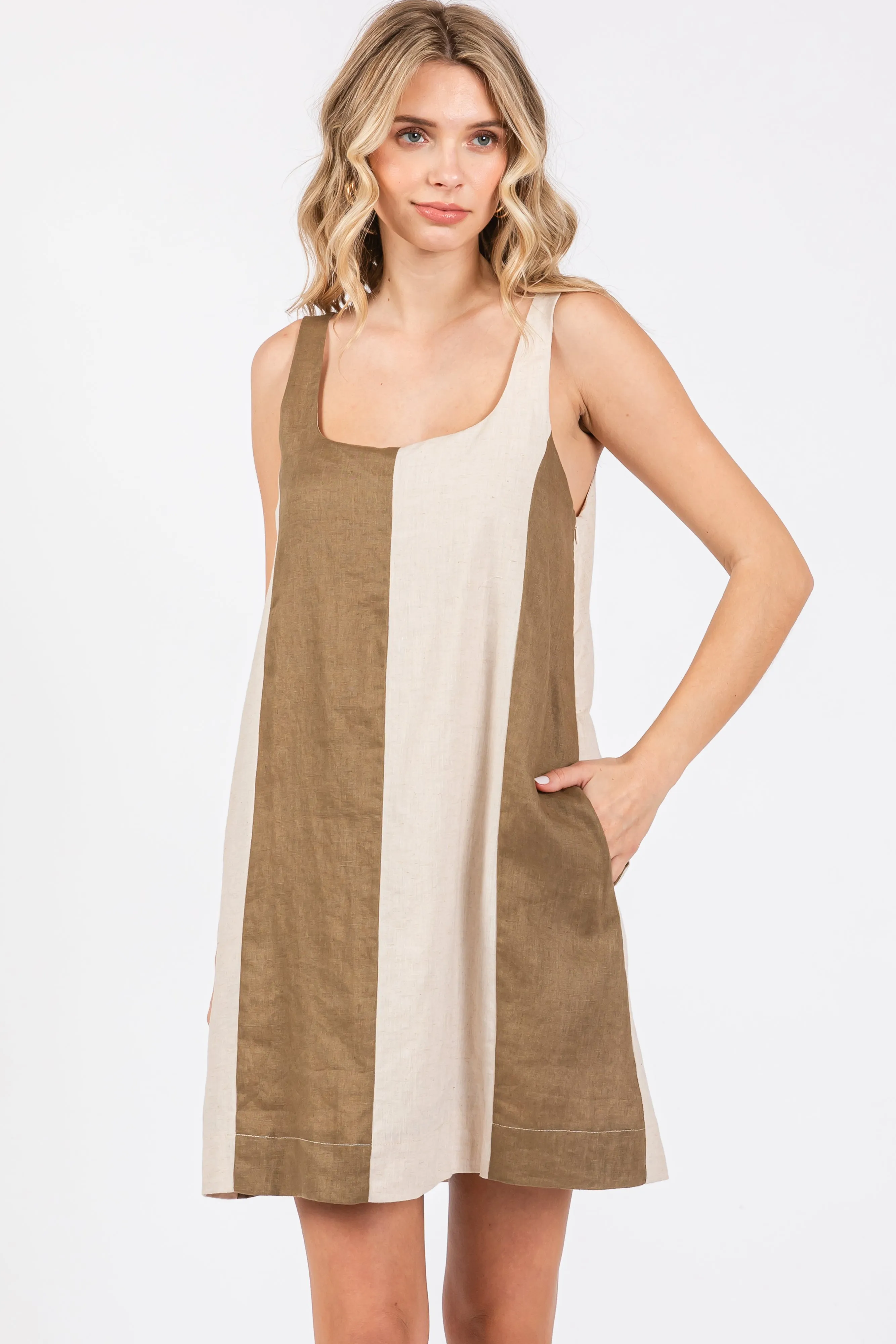Olive Color Block Linen Sleeveless Dress sold by Pinkblush product image thumbnail 2