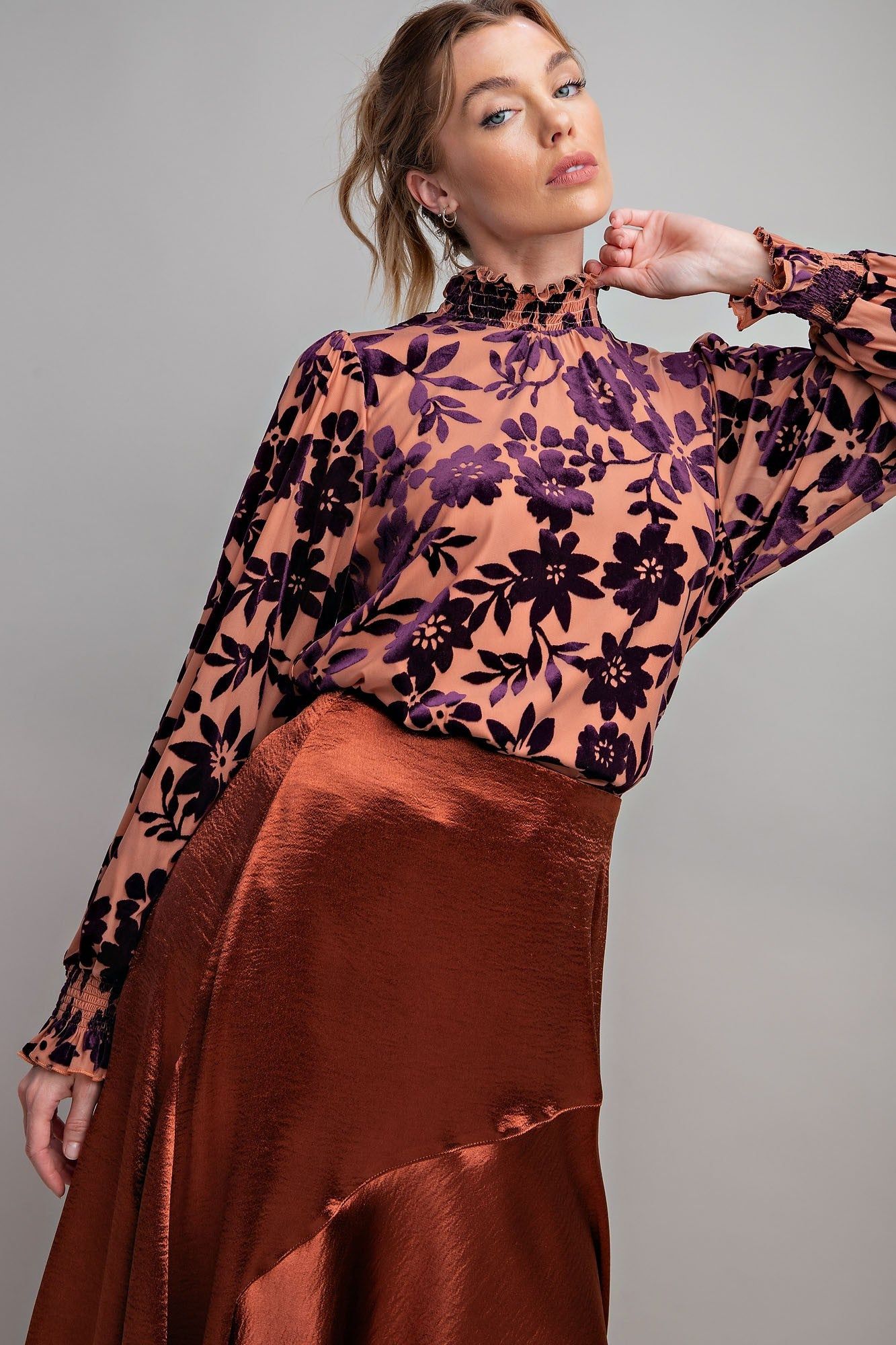 Eggplant Burnout Mock Neck Blouse sold by Pinkblush product image thumbnail 2