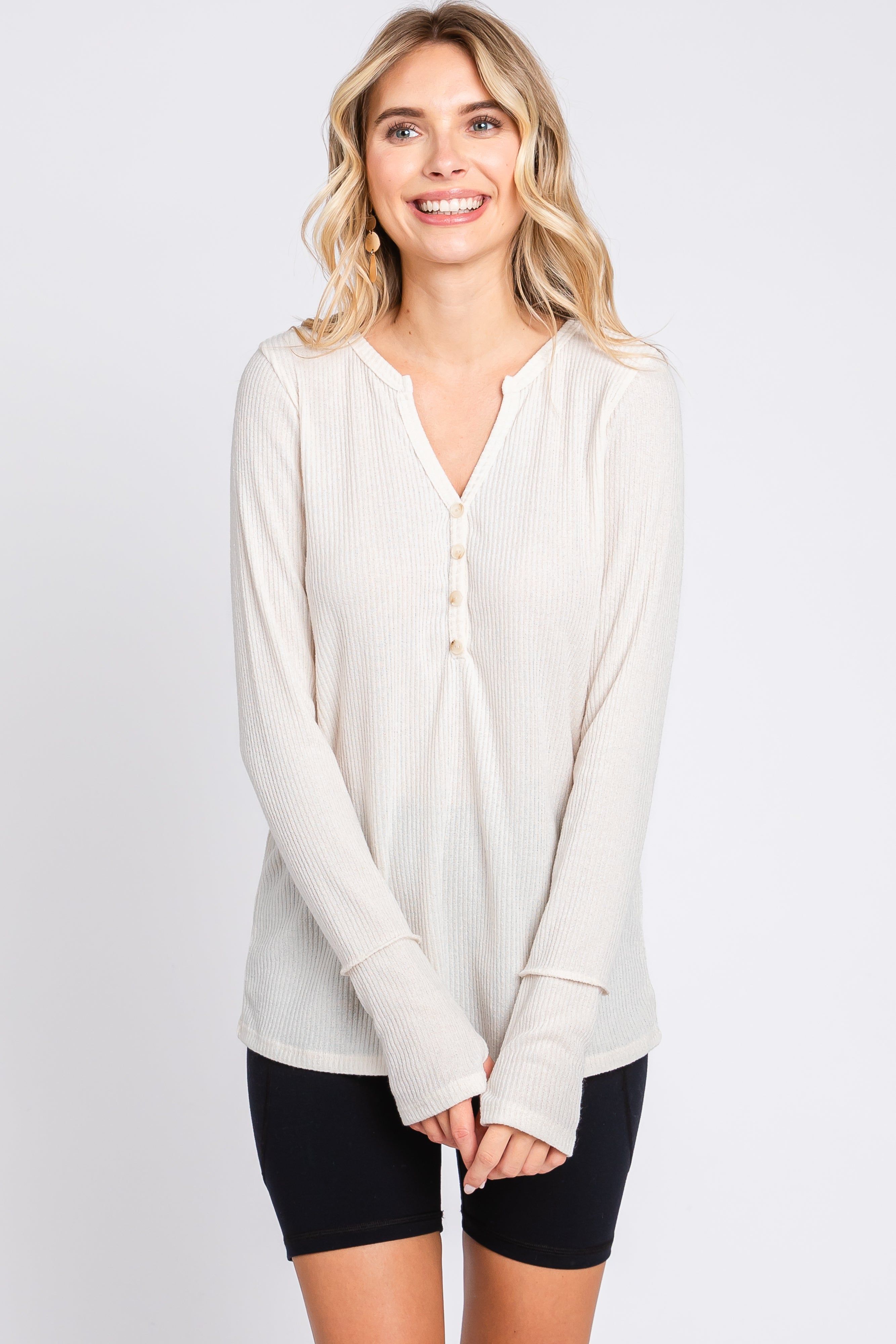 Cream Rib Knit Button Accent Long Sleeve Top sold by Pinkblush