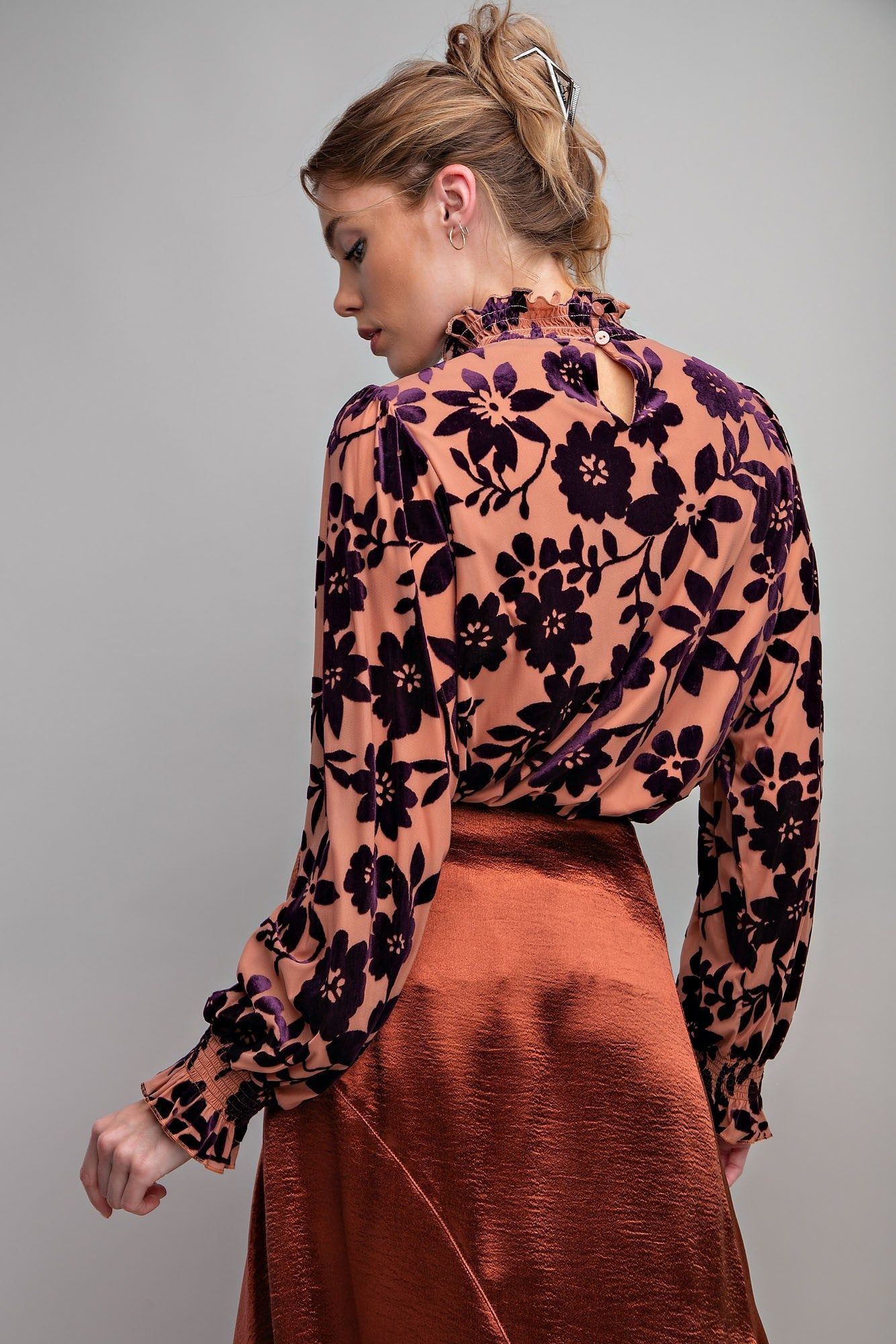 Eggplant Burnout Mock Neck Blouse sold by Pinkblush product image thumbnail 3