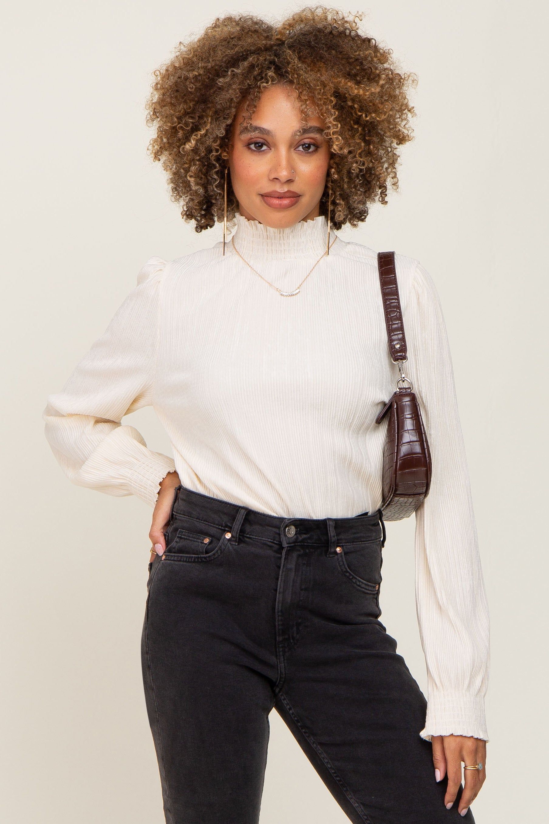 Ivory Velvet Pleated Mock Neck Blouse sold by Pinkblush product image thumbnail 2