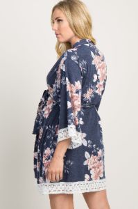 PinkBlush Navy Faded Floral Lace Trim Maternity Delivery/Nursing Robe sold by Pinkblush