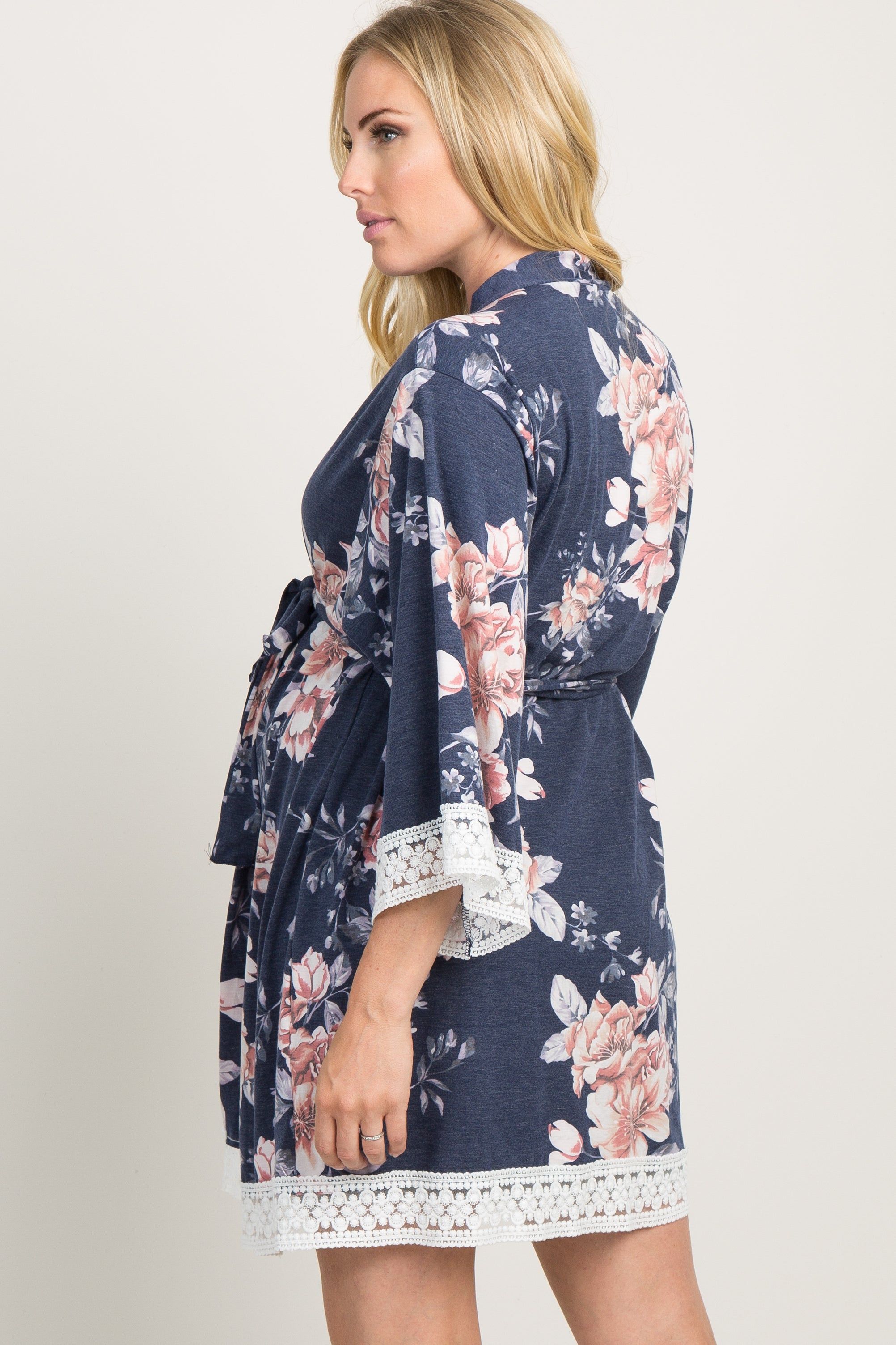PinkBlush Navy Faded Floral Lace Trim Maternity Delivery/Nursing Robe sold by Pinkblush product image thumbnail 3