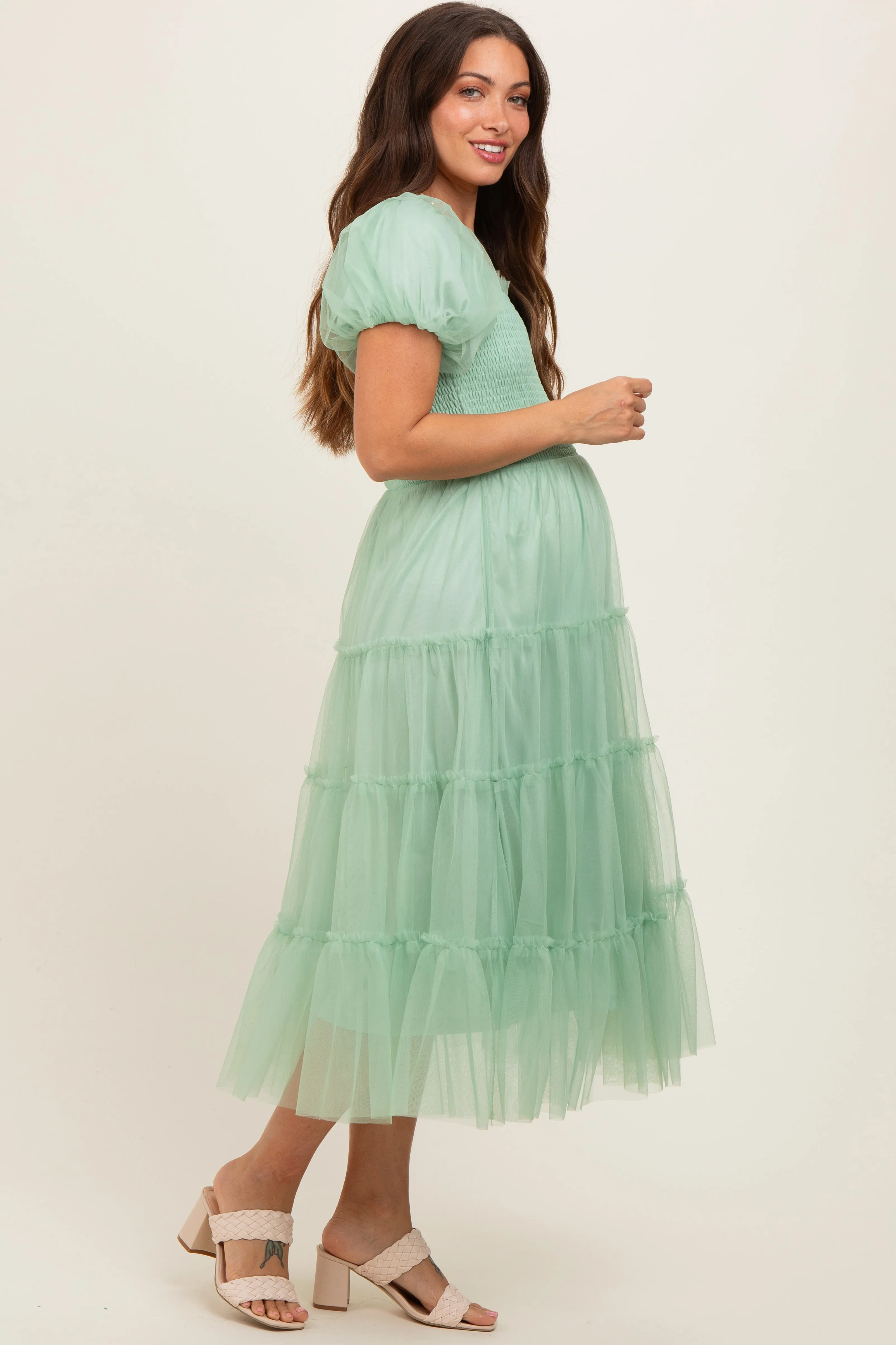 Mint Green Smocked Tiered Tulle Maternity Midi Dress sold by Pinkblush product image thumbnail 2