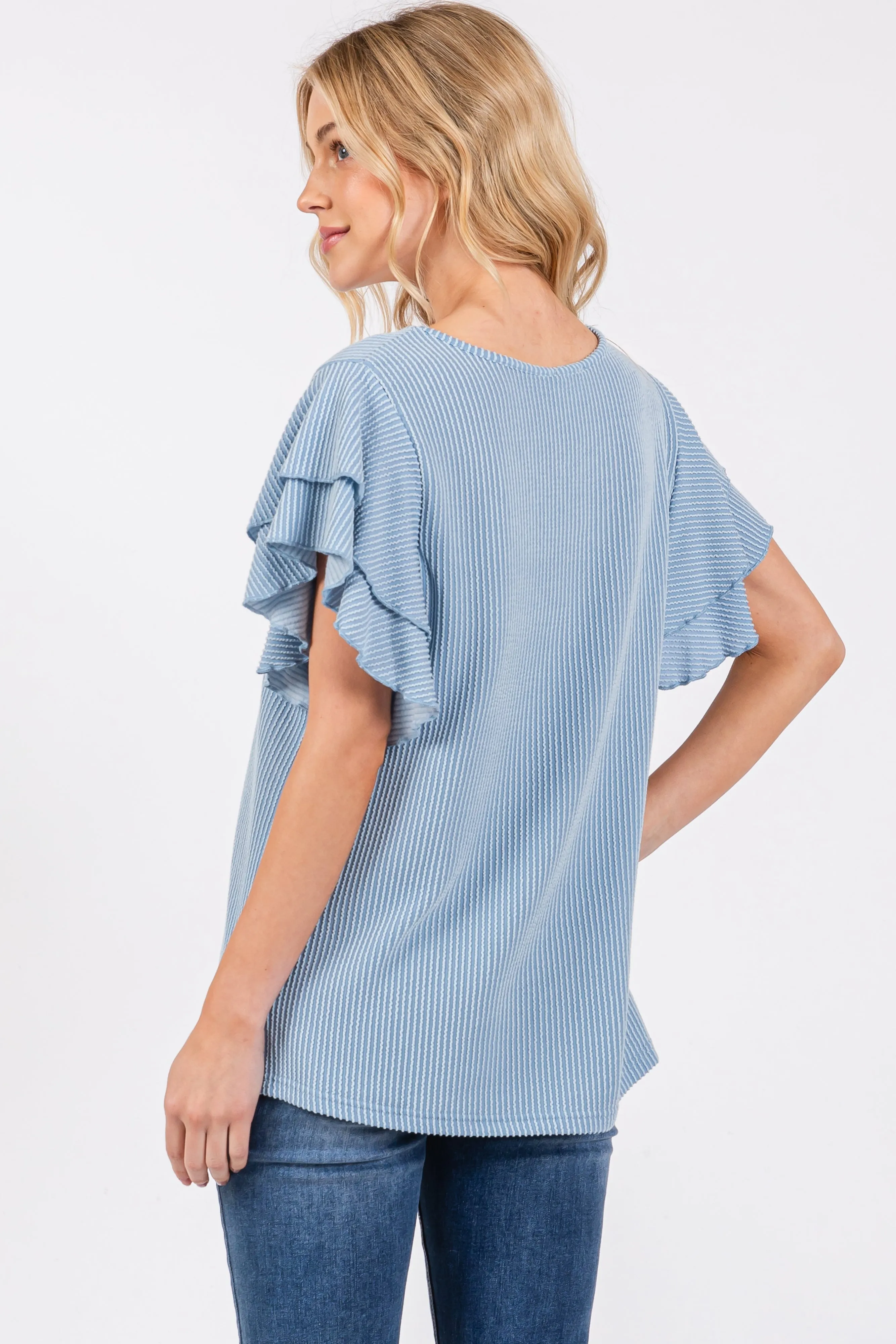 Blue Ruffle Sleeve Ribbed Top sold by Pinkblush product image thumbnail 3