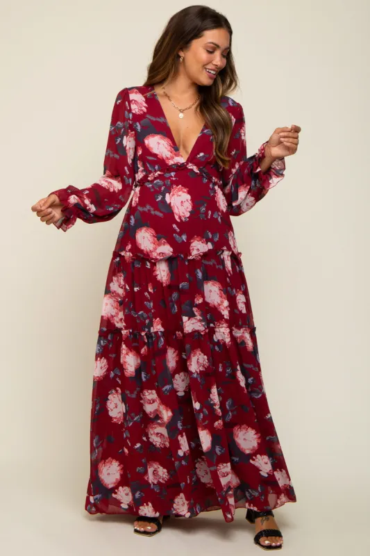 Burgundy Floral Chiffon V-Neck Lettuce Edge Tiered Maternity Maxi Dress sold by Pinkblush