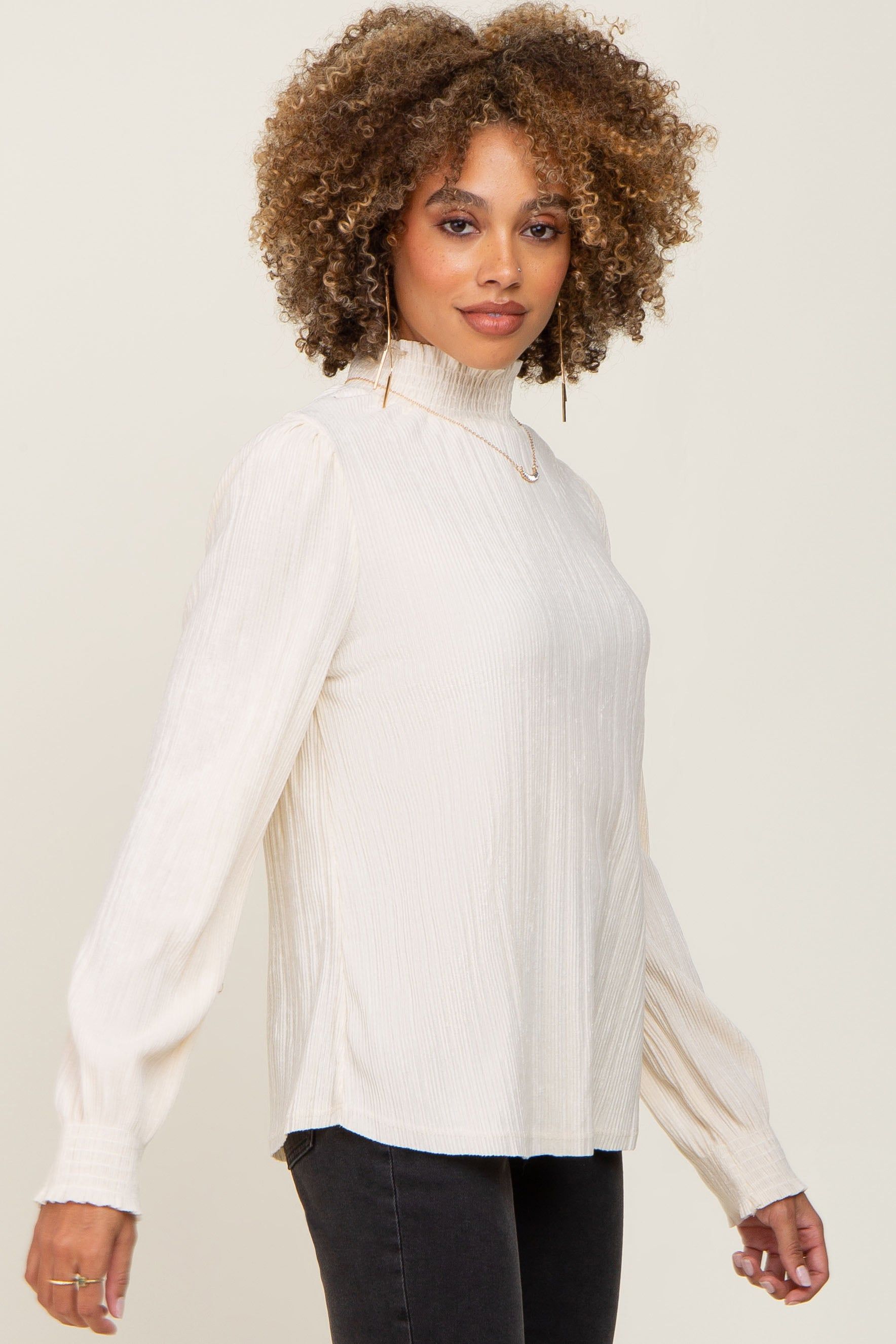 Ivory Velvet Pleated Mock Neck Blouse sold by Pinkblush product image thumbnail 3
