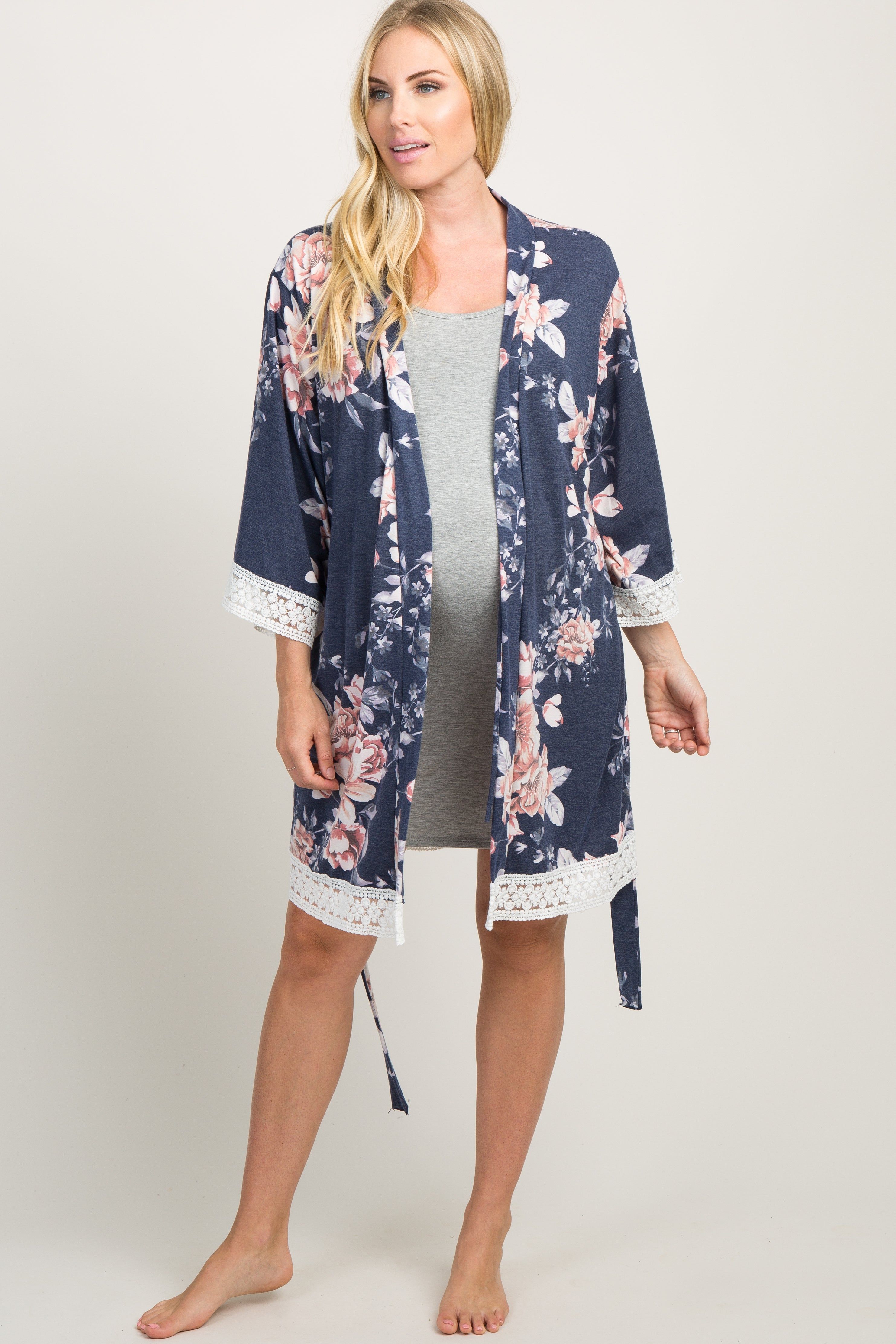 PinkBlush Navy Faded Floral Lace Trim Maternity Delivery/Nursing Robe sold by Pinkblush product image thumbnail 4