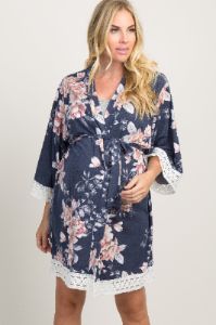PinkBlush Navy Faded Floral Lace Trim Maternity Delivery/Nursing Robe sold by Pinkblush