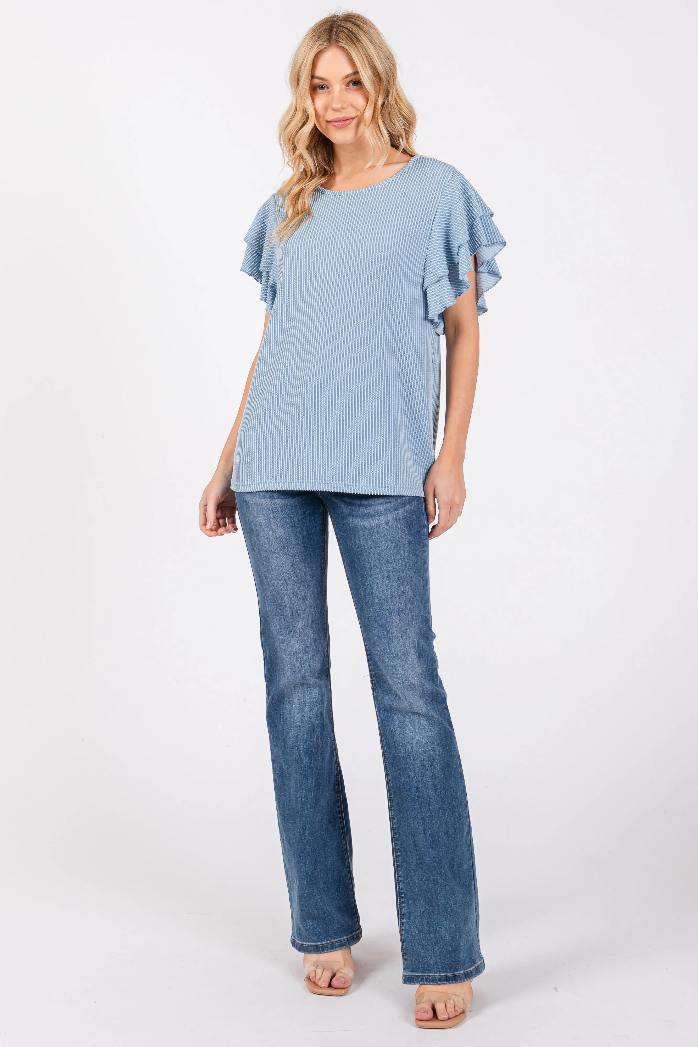 Blue Ruffle Sleeve Ribbed Top sold by Pinkblush product image thumbnail 4