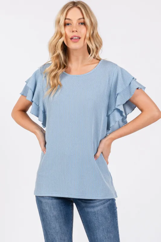 Blue Ruffle Sleeve Ribbed Top sold by Pinkblush