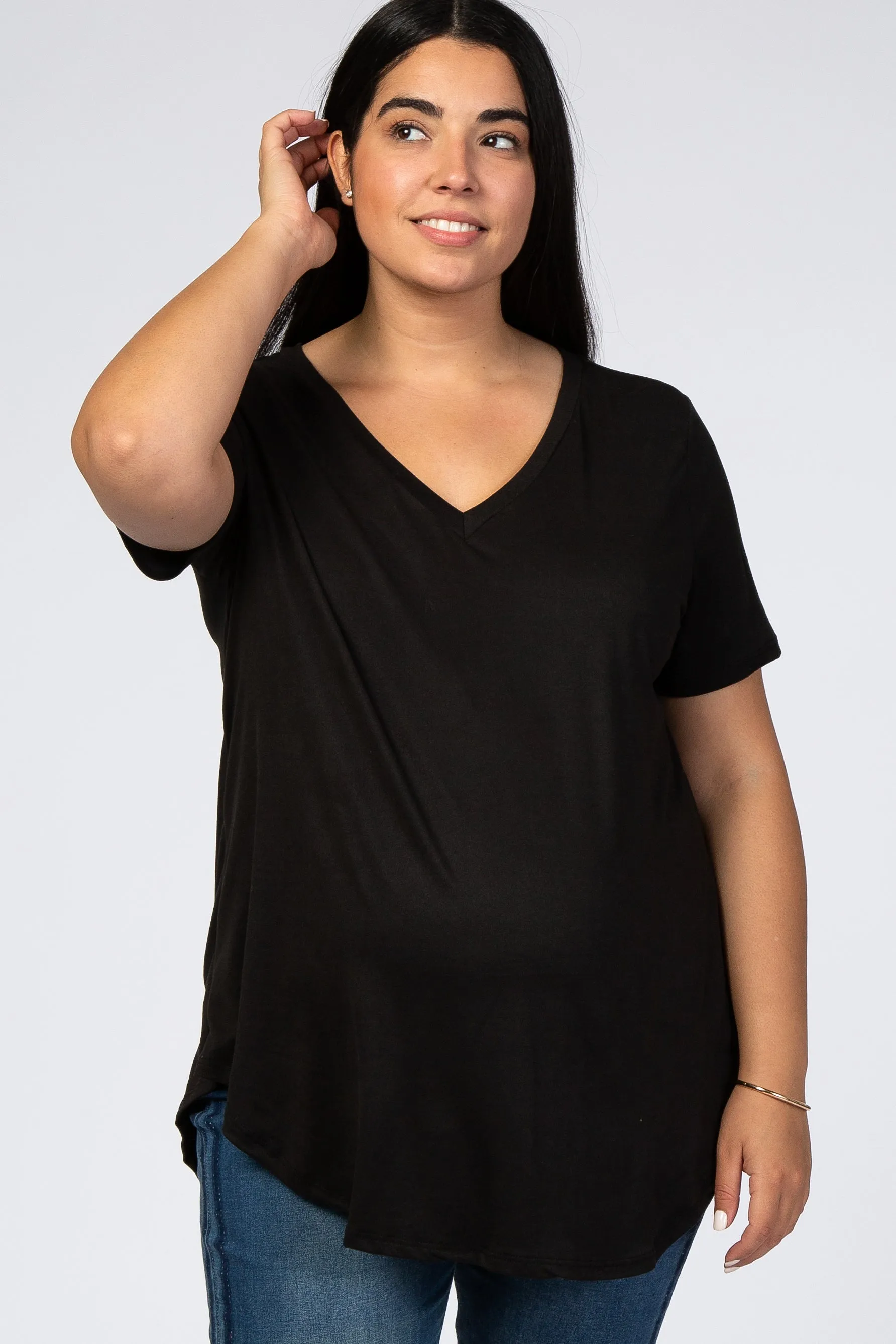 Black V-Neck Short Sleeve Maternity Plus Top sold by Pinkblush