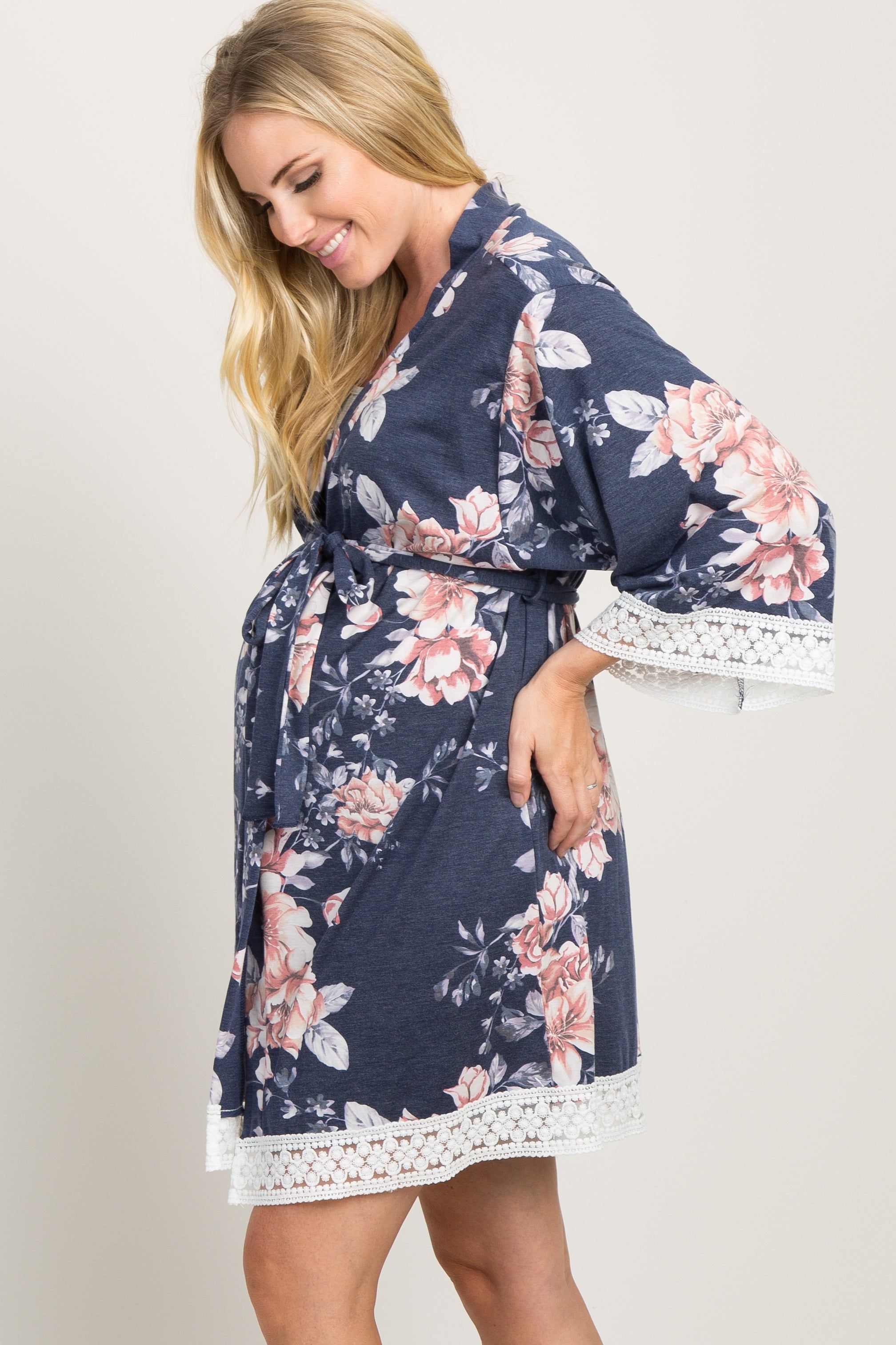 PinkBlush Navy Faded Floral Lace Trim Maternity Delivery/Nursing Robe sold by Pinkblush product image thumbnail 2