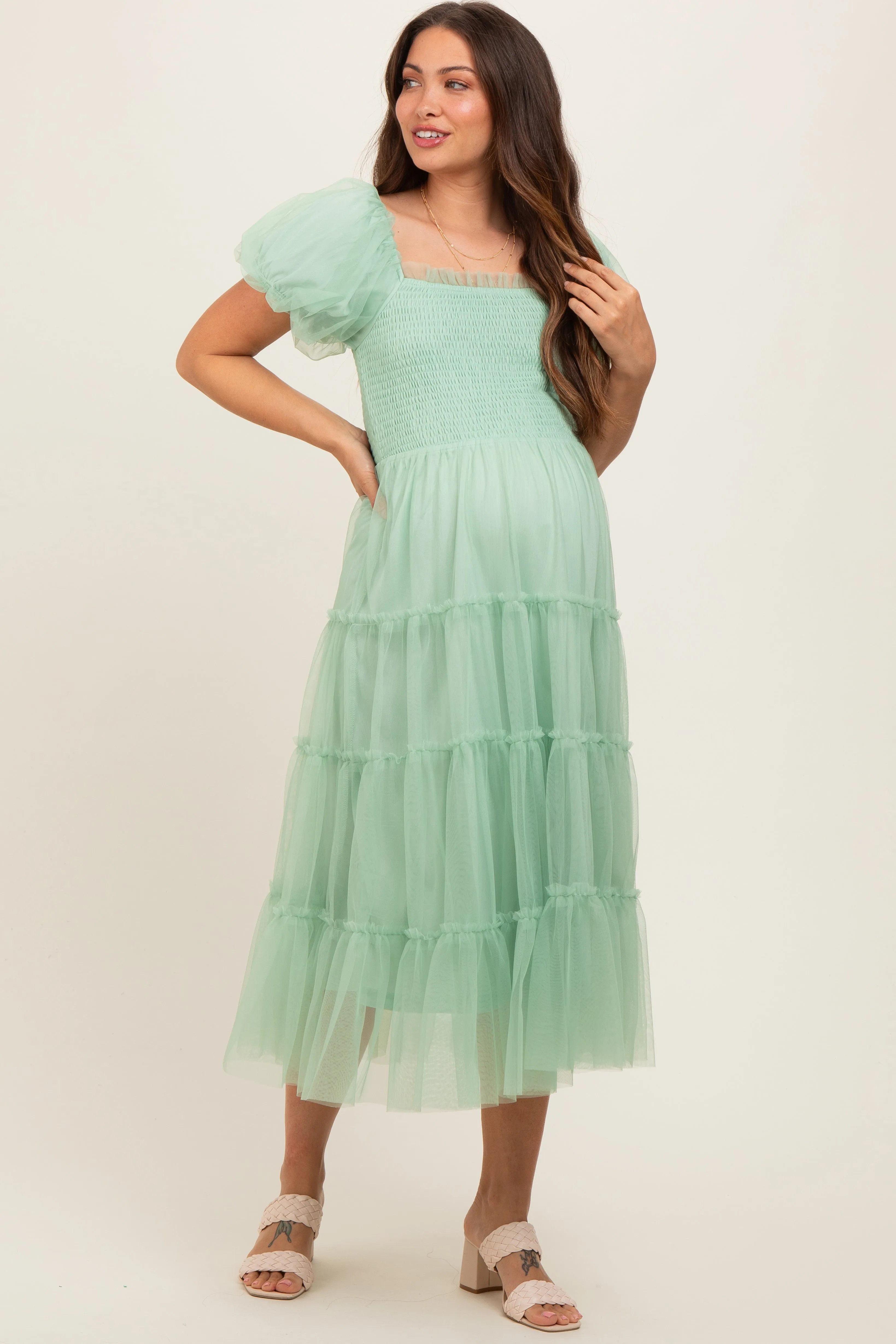 Mint Green Smocked Tiered Tulle Maternity Midi Dress sold by Pinkblush