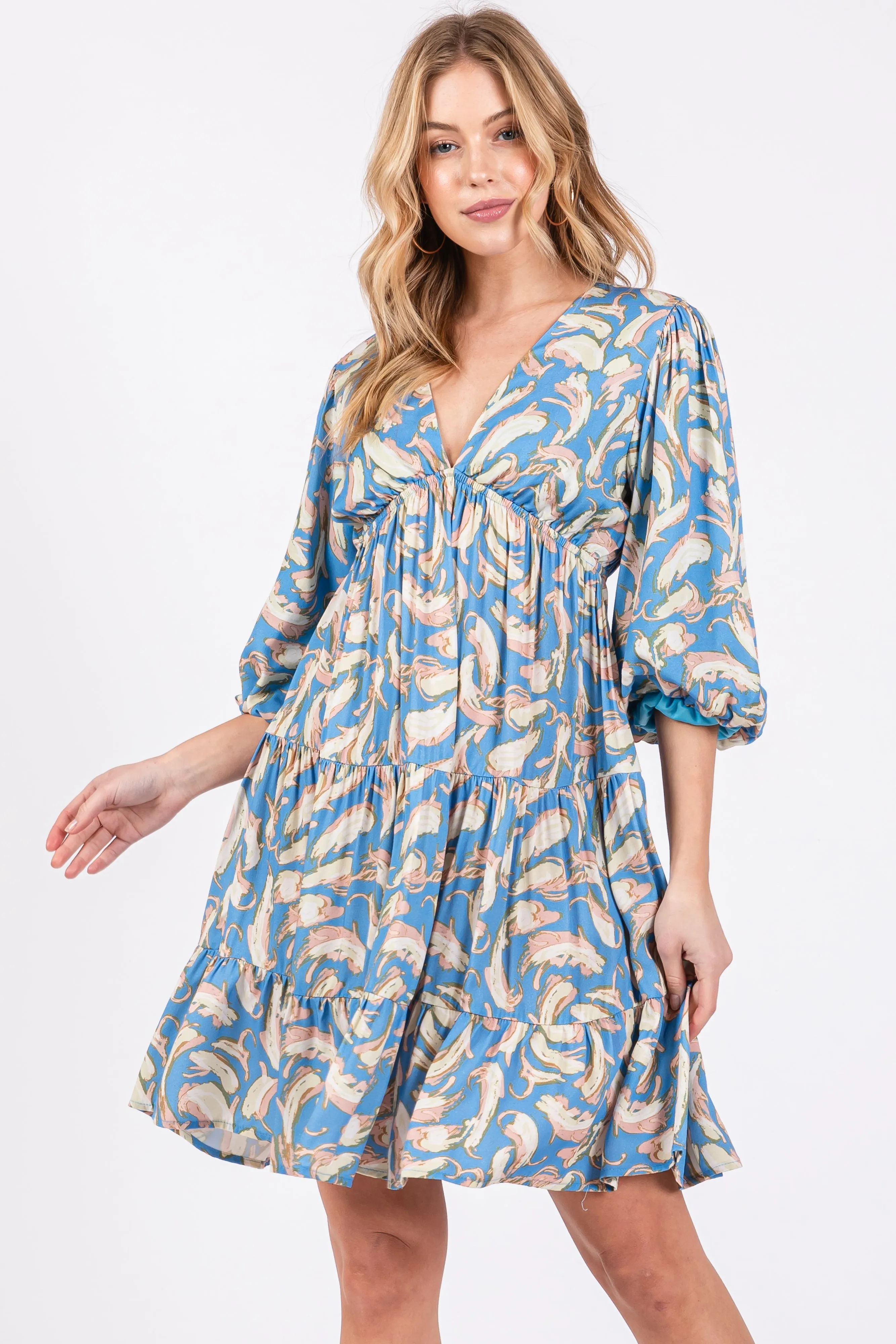 Blue Printed Tiered Sweetheart Dress sold by Pinkblush