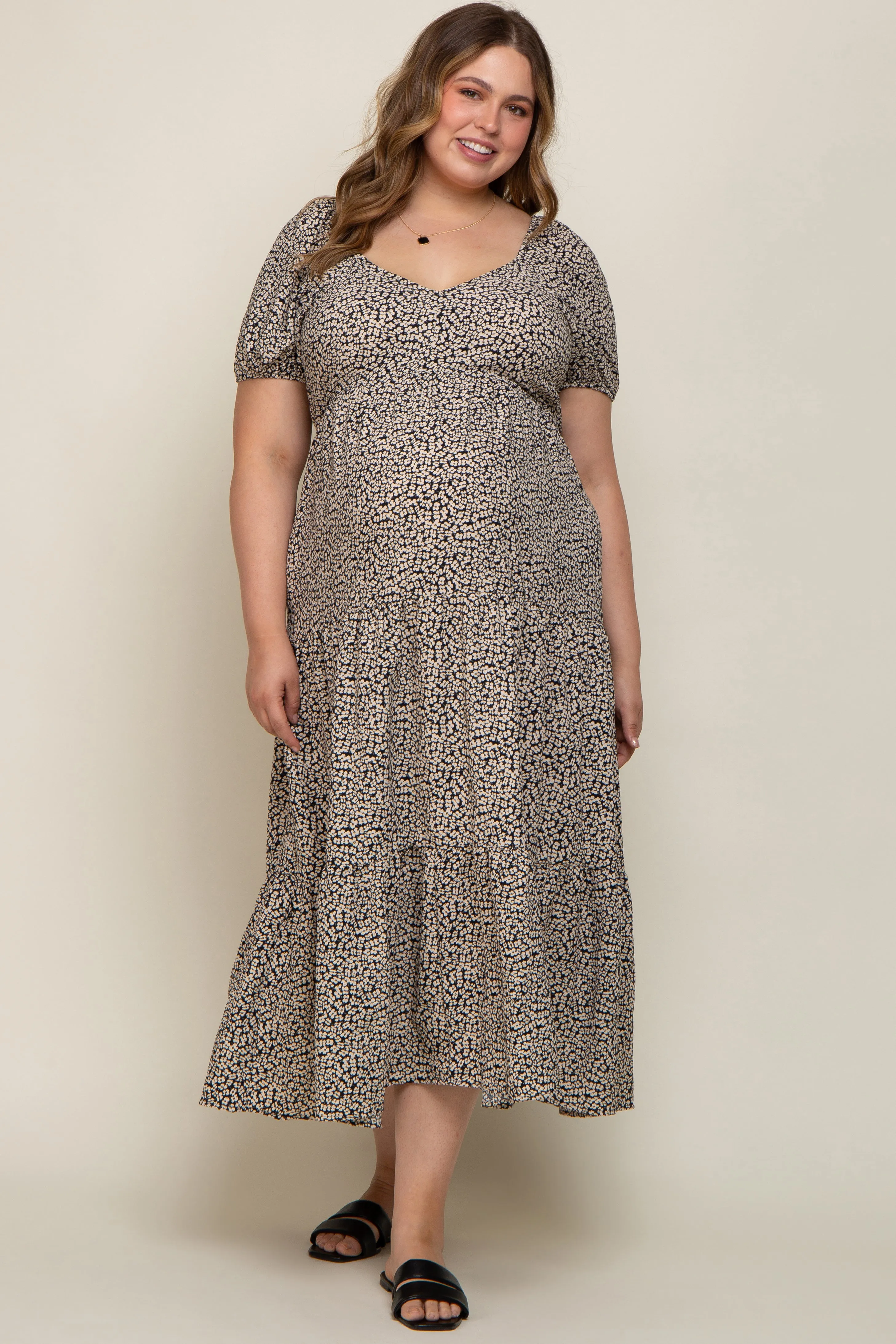Black Floral Puff Sleeve Maternity Plus Maxi Dress sold by Pinkblush
