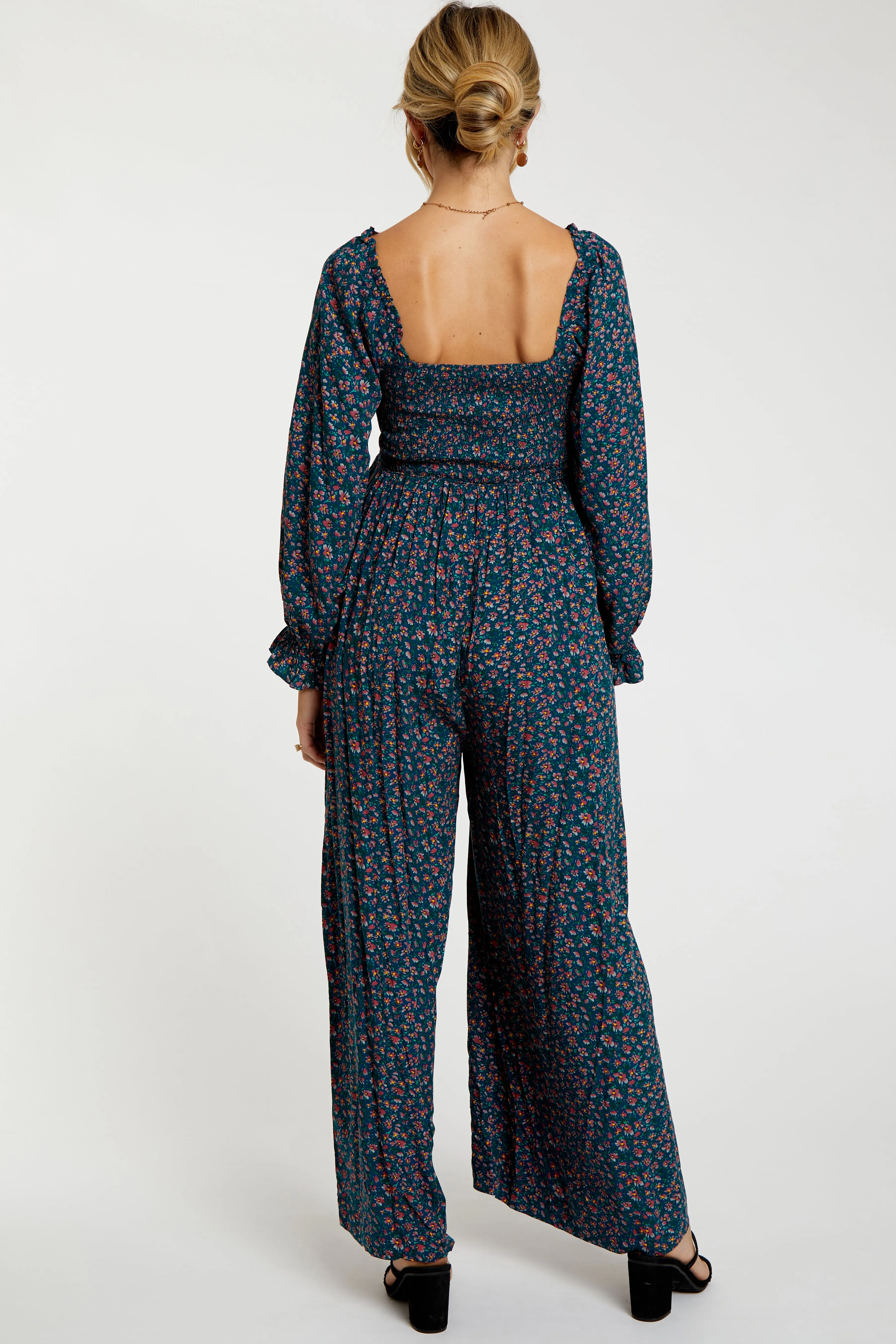 Dark Teal Floral Smocked Wide Leg Maternity Jumpsuit sold by Pinkblush product image thumbnail 3