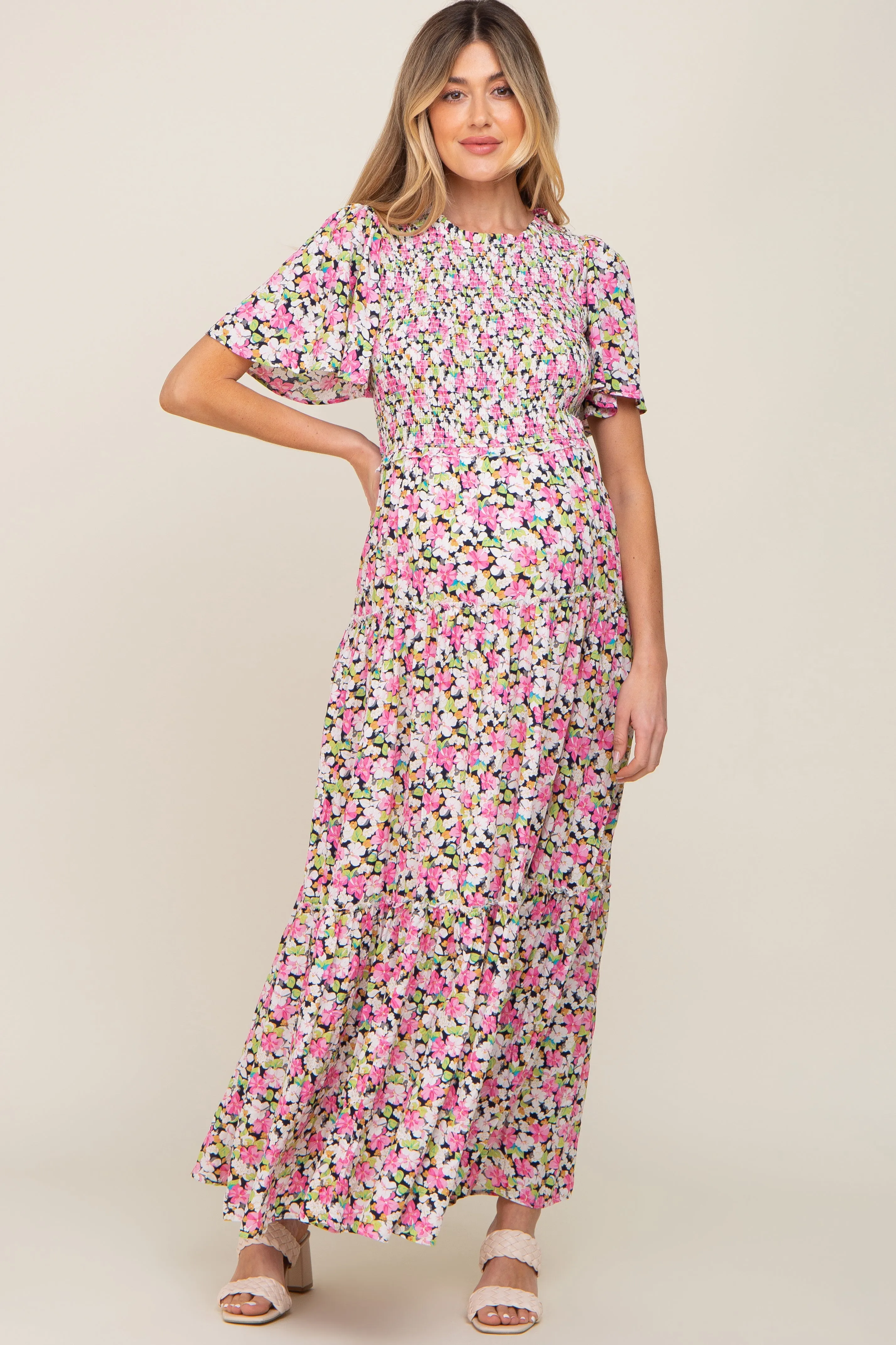 Black Floral Smocked Tiered Maternity Maxi Dress sold by Pinkblush product image thumbnail 4