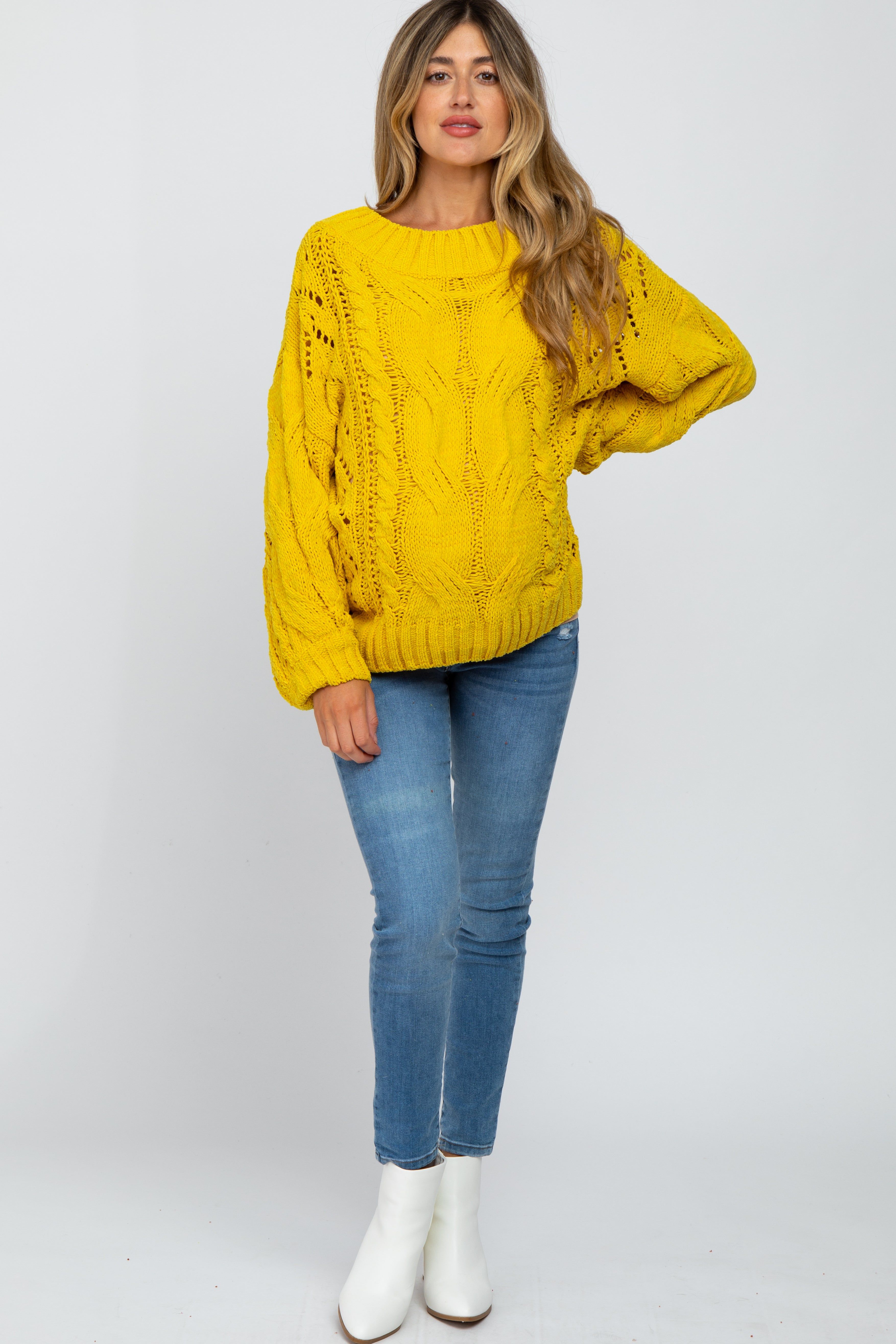 Yellow Cable Knit Off Shoulder Bubble Sleeve Maternity Sweater sold by Pinkblush product image thumbnail 2