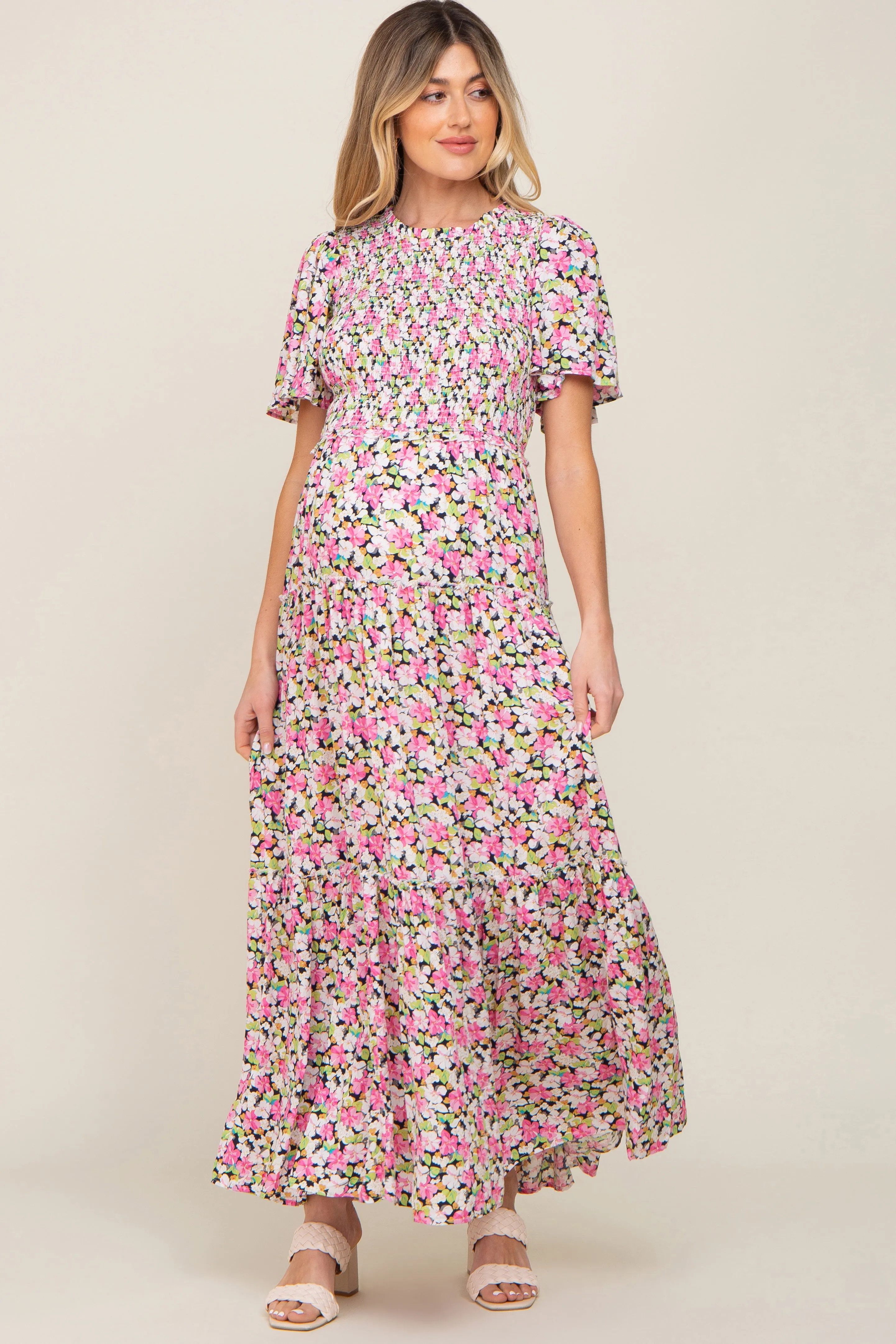 Black Floral Smocked Tiered Maternity Maxi Dress sold by Pinkblush